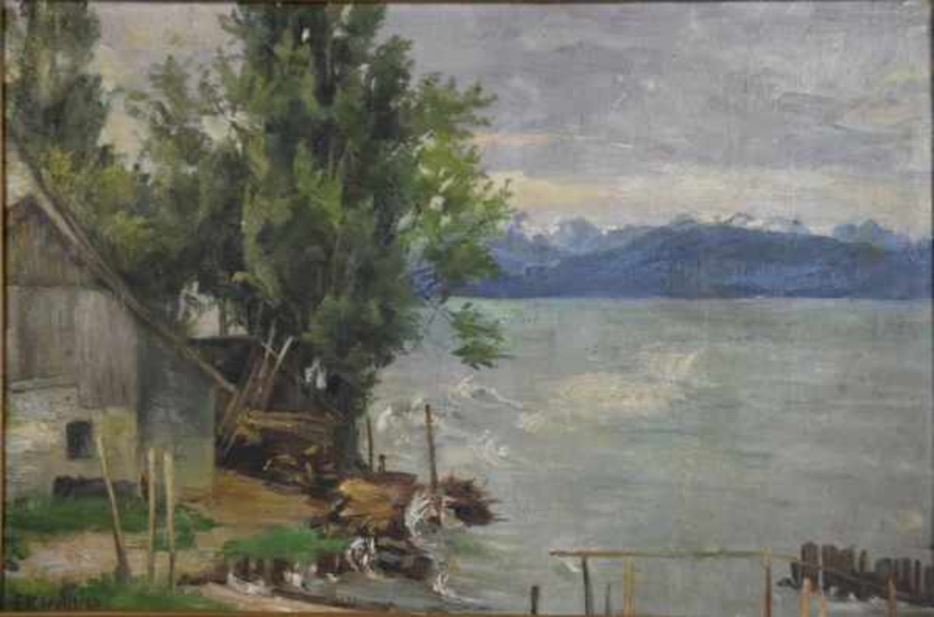 KIRCHNER Eugen (1865 Halle - 1938 München) "Am See", links Gebäude mit kleinem Steg, im