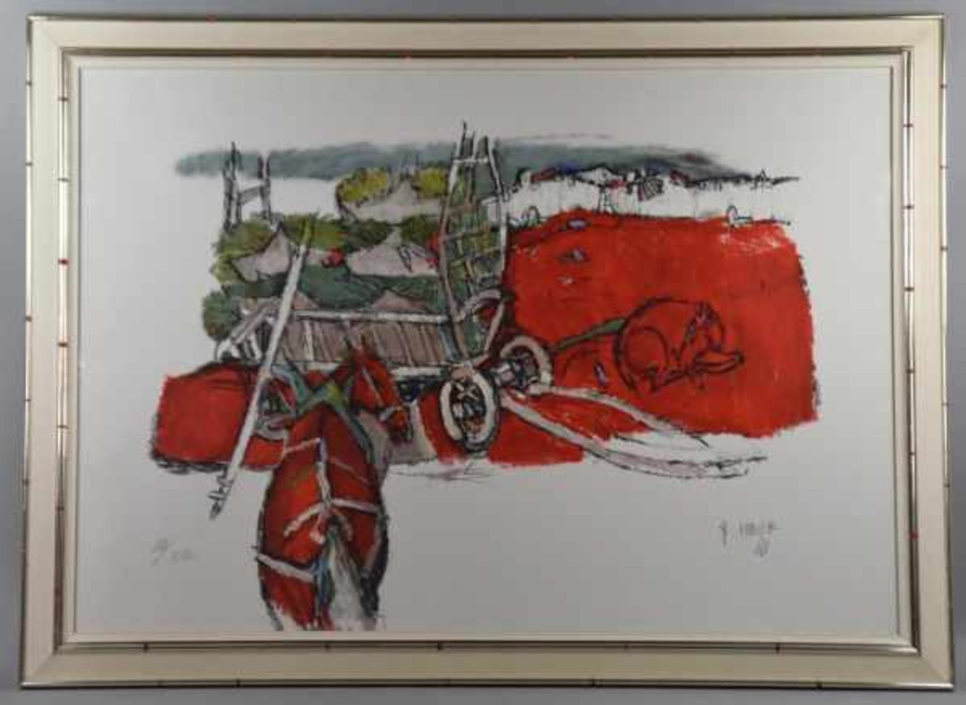 MIRER Rudolf (1937 Chur) "Heuwagen" mit eingespanntem Pferd, daneben ein weiteres Pferd liegend, - Bild 2 aus 4
