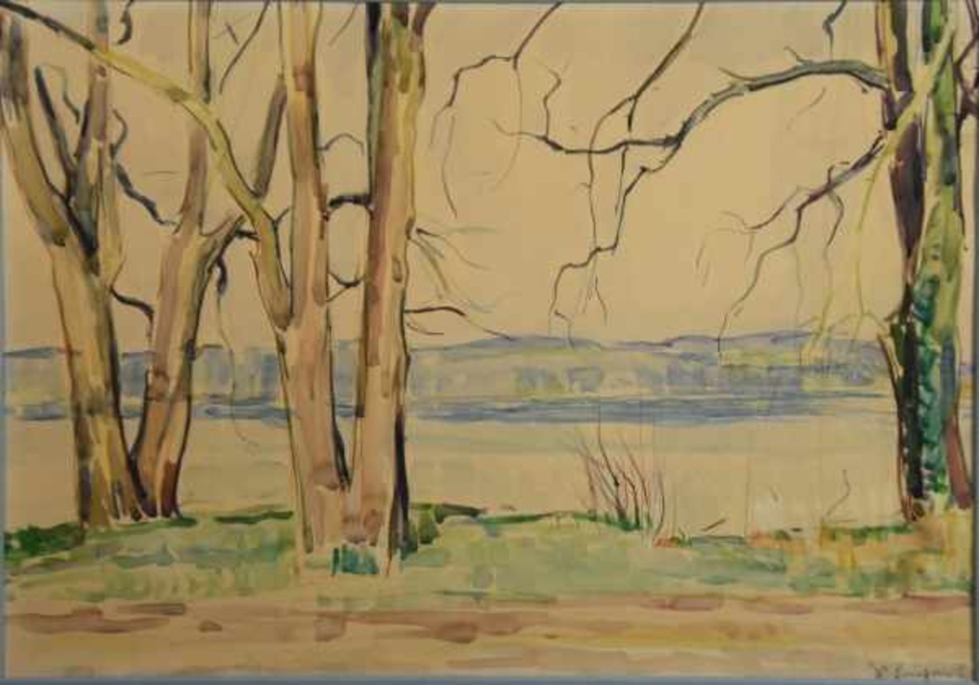 EINHART Karl (1884 - 1967 Konstanz) "Bäume am Bodensee" mit Blick auf gegenüberliegende