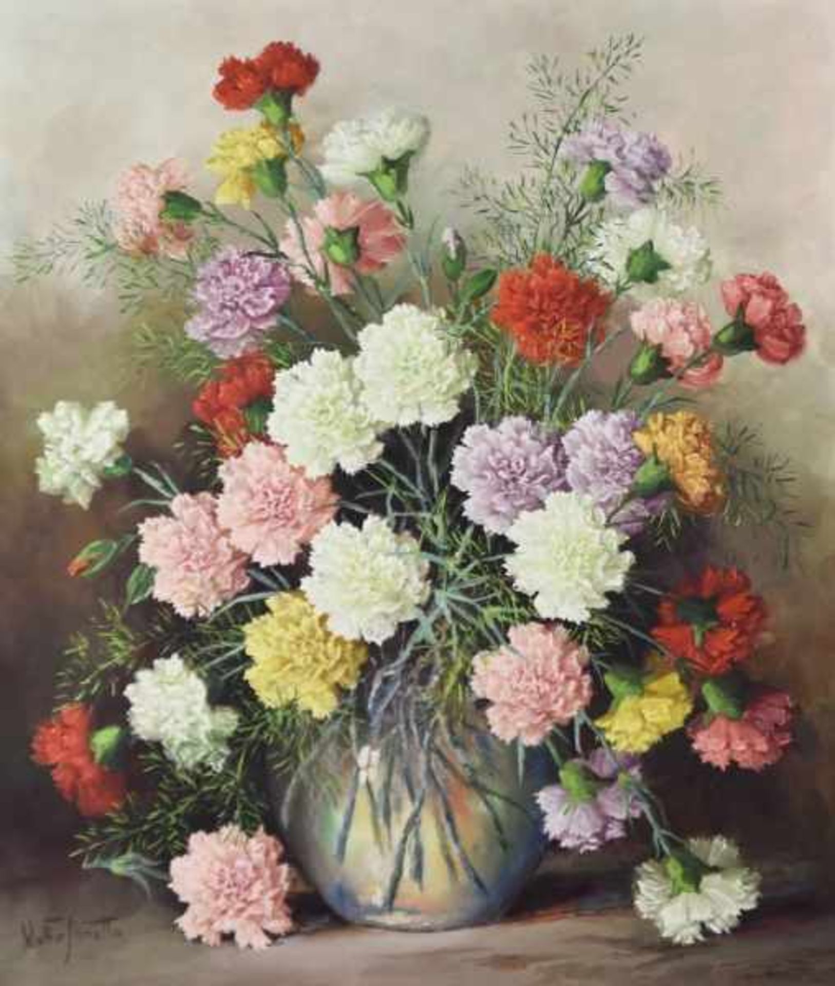 JANOTTA Walter (20.Jh. München) "Nelkenstrauß" in bauchiger Vase, mit verschiedenfarbigen Nelken, Öl