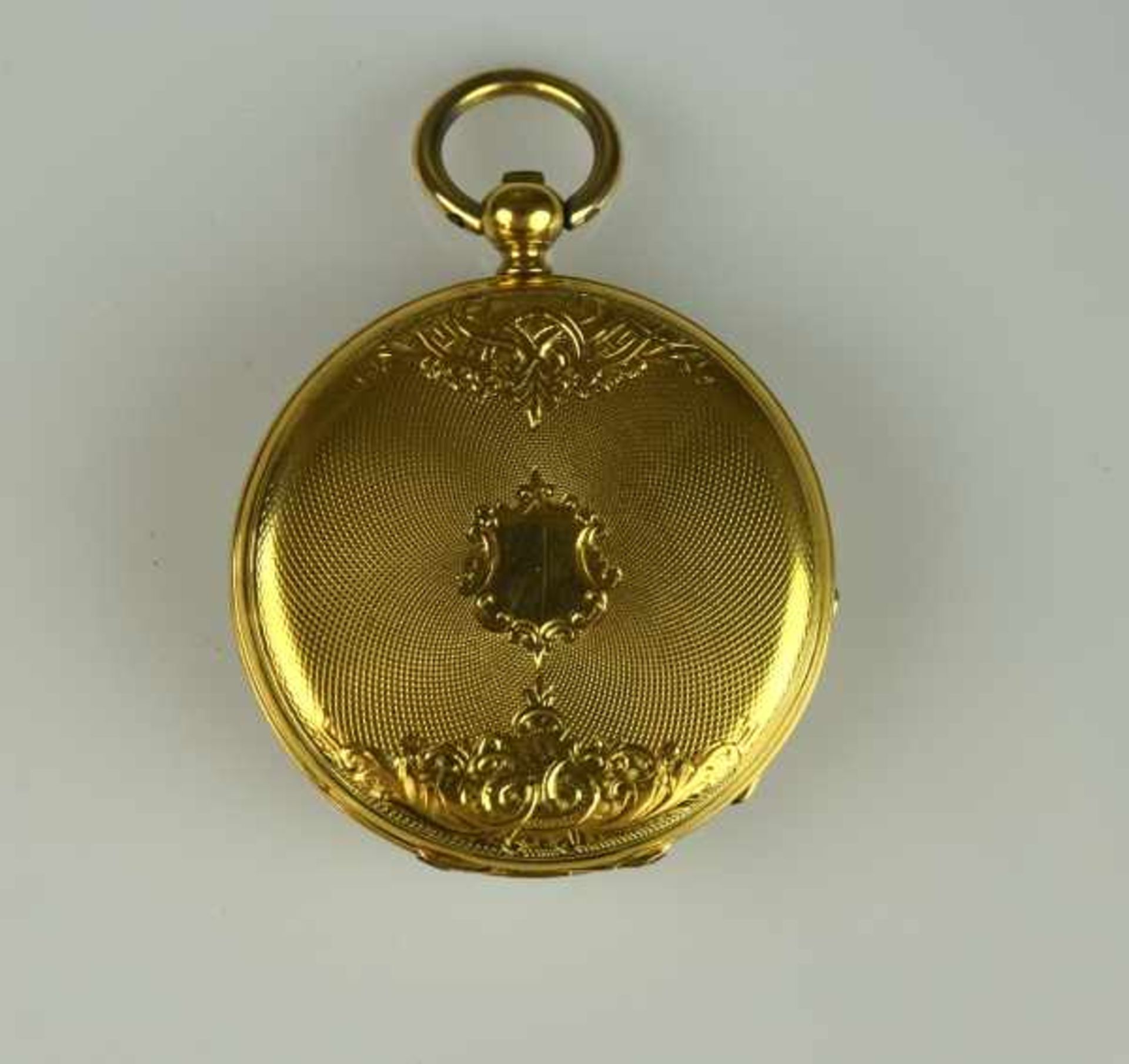 TASCHENUHR Gehäuse mit verziertem Rückendeckel: Kartusche und vegetabiler Dekor, in Gelbgold 18ct, - Bild 2 aus 3