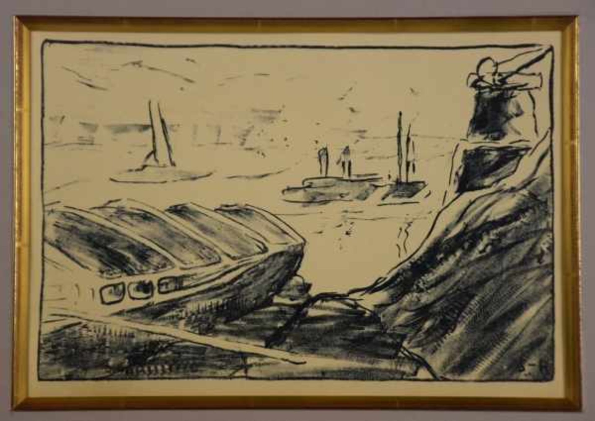 SCHMIDT-ROTTLUFF Karl (1884 Chemnitz - 1976 Berlin) "Elbhafen", im Vordergrund liegendes Boot, im