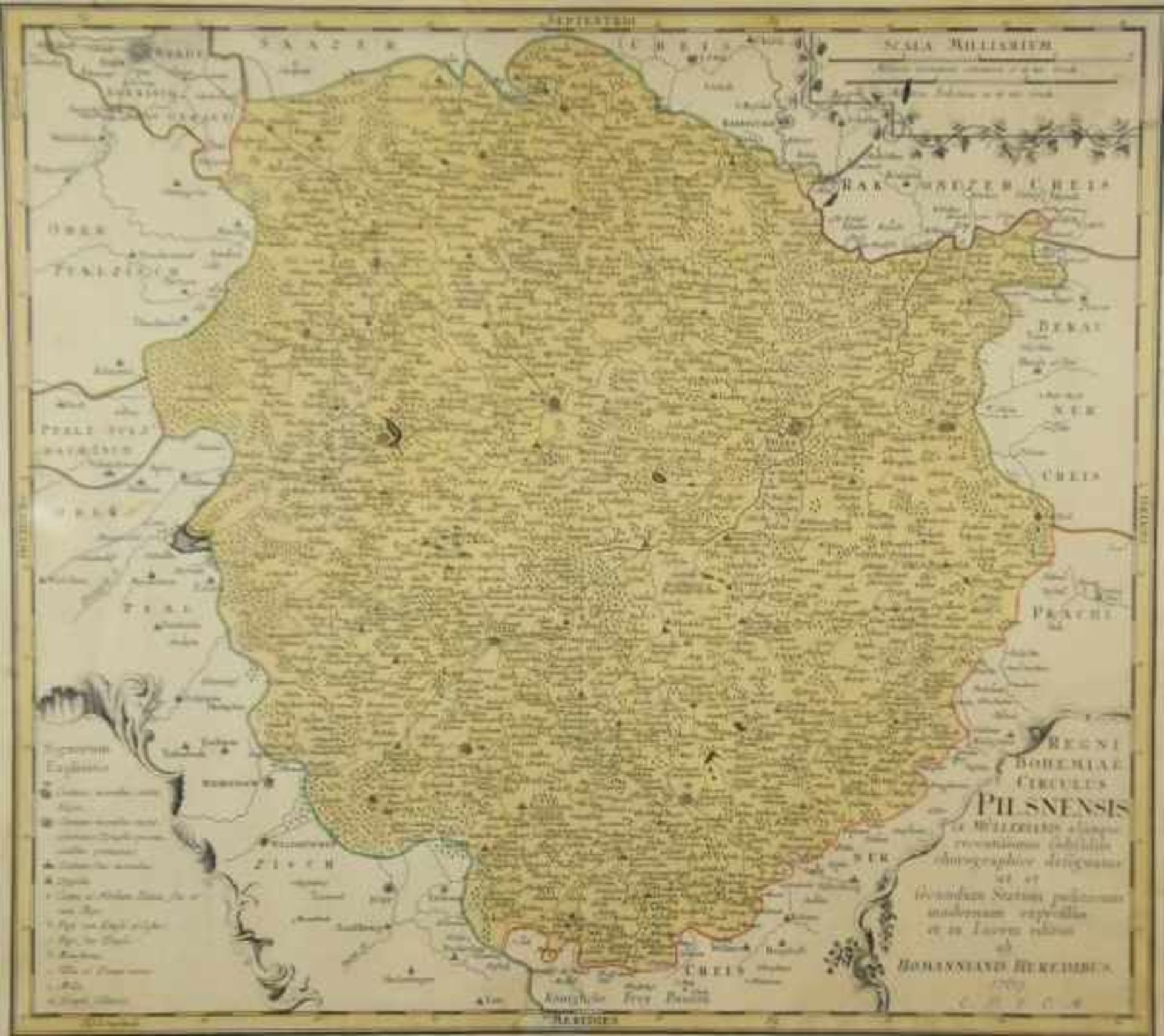 TOPOGRAFIE Landkarte Pilsen, rechts unten Kartusche mit Bezeichnung, Homannianis Heredibus, 1769,