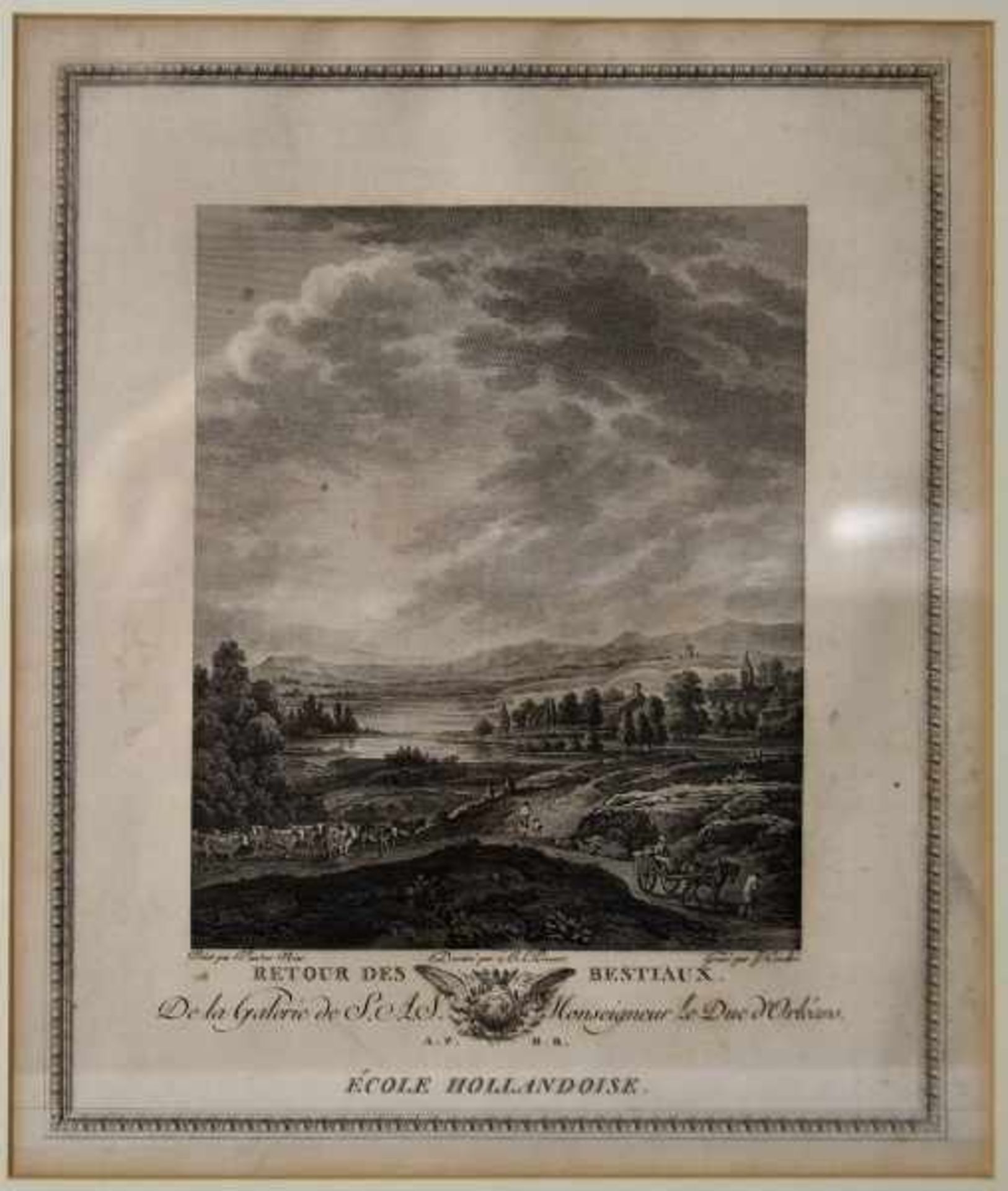 RÜCKKEHR VON DER WEIDE "Retour des Bestiaux", Kühe mit Hirten in Landschaft, Kupferstich J. Couché