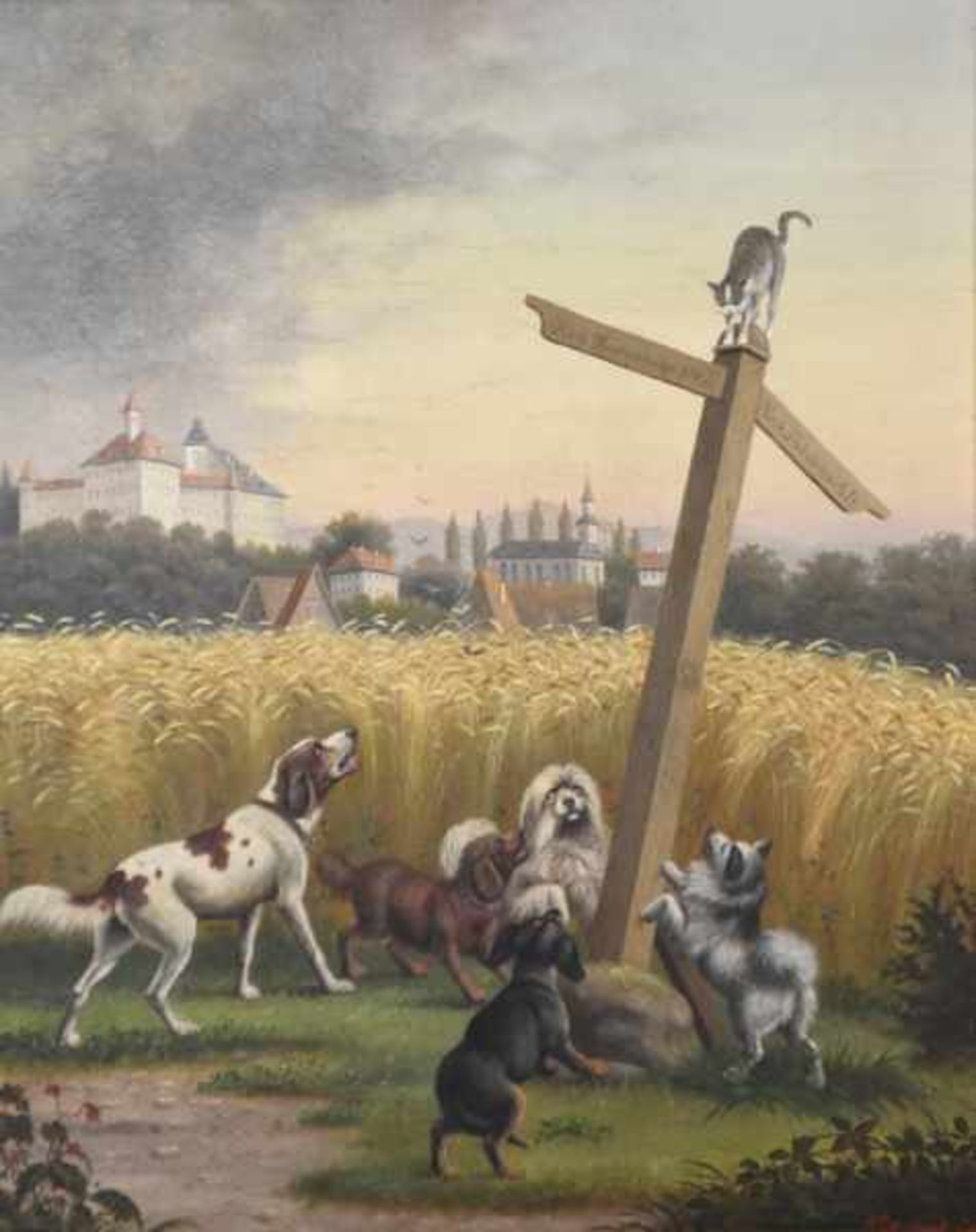 GEORGIUS Robert (1871 - 1942 Deutschland) "Hunde am Wegkreuz", 5 Hunde bellend vor einem Wegkreuz