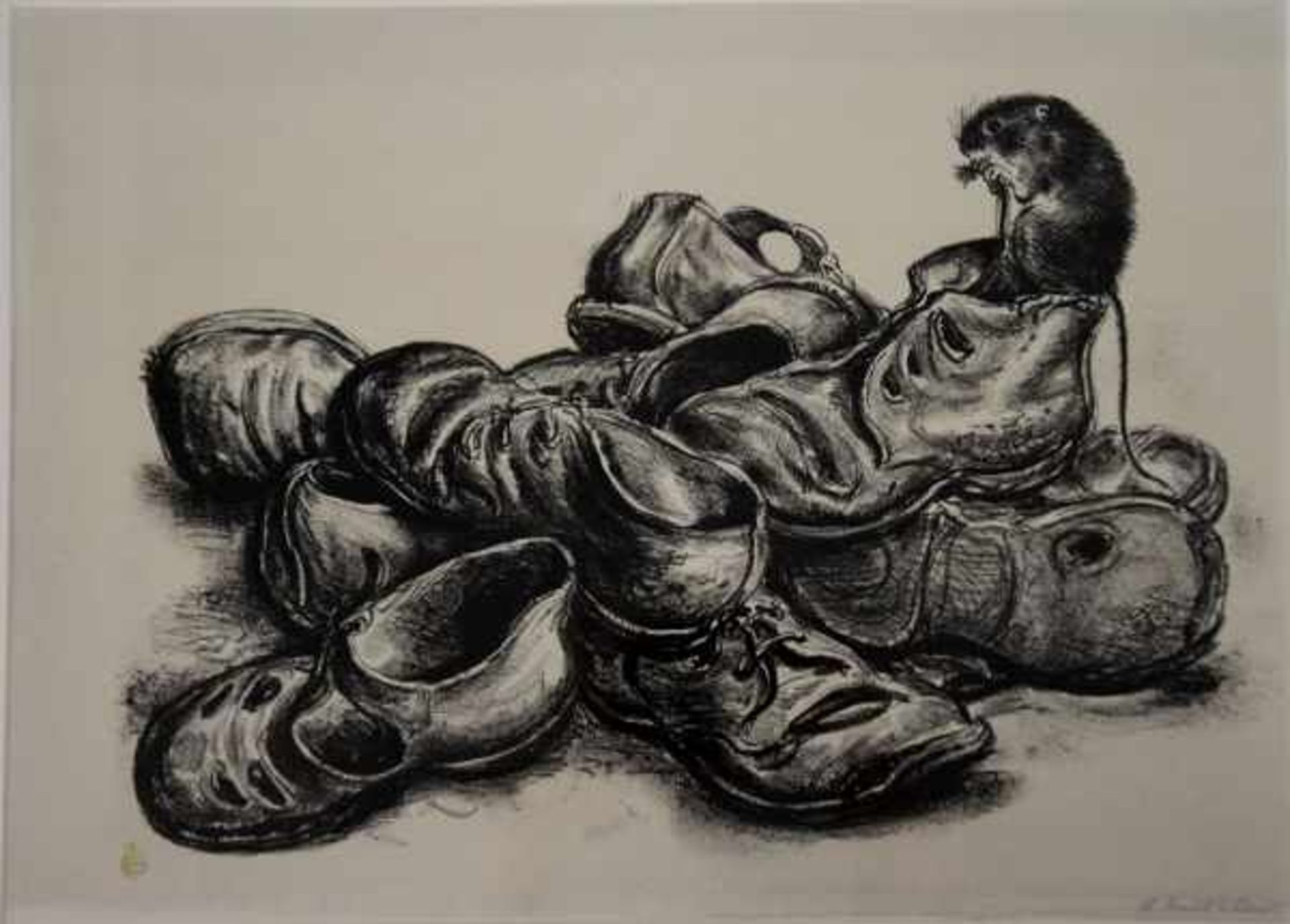 WEBER Andreas Paul (1893 Arnstadt - 1980 Schretstaken) "Maus auf einem Berg von Schuhen", Litho in