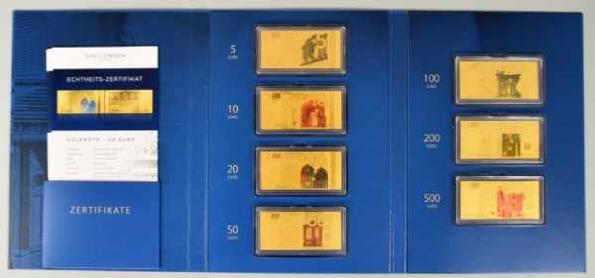 7 GOLDMÜNZEN im Banknotenformat, Set "Die Euro- Banknoten" (komplett), Gold 999/1000, PP, 90x43mm, - Bild 2 aus 3