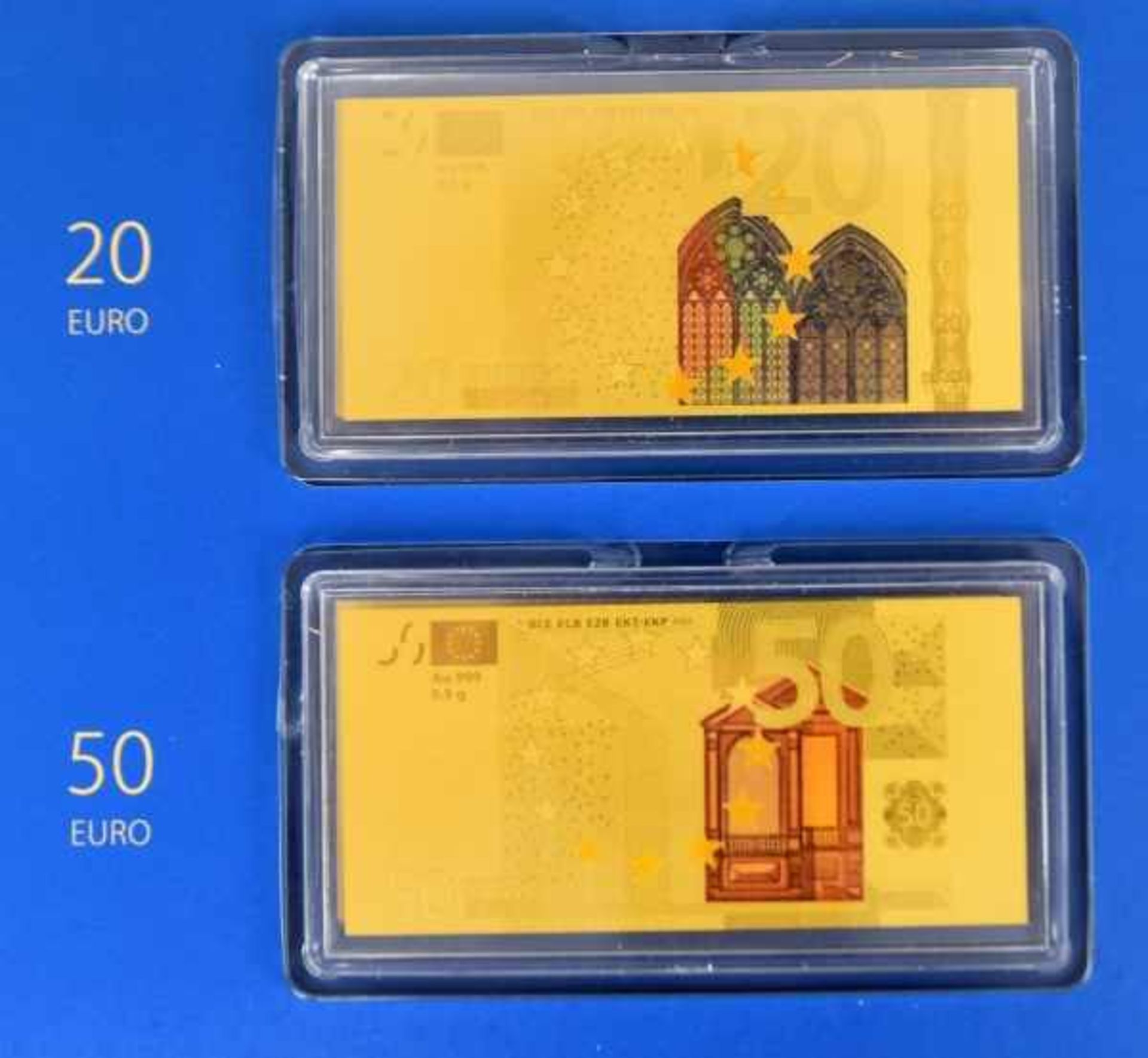 7 GOLDMÜNZEN im Banknotenformat, Set "Die Euro- Banknoten" (komplett), Gold 999/1000, PP, 90x43mm, - Bild 3 aus 3