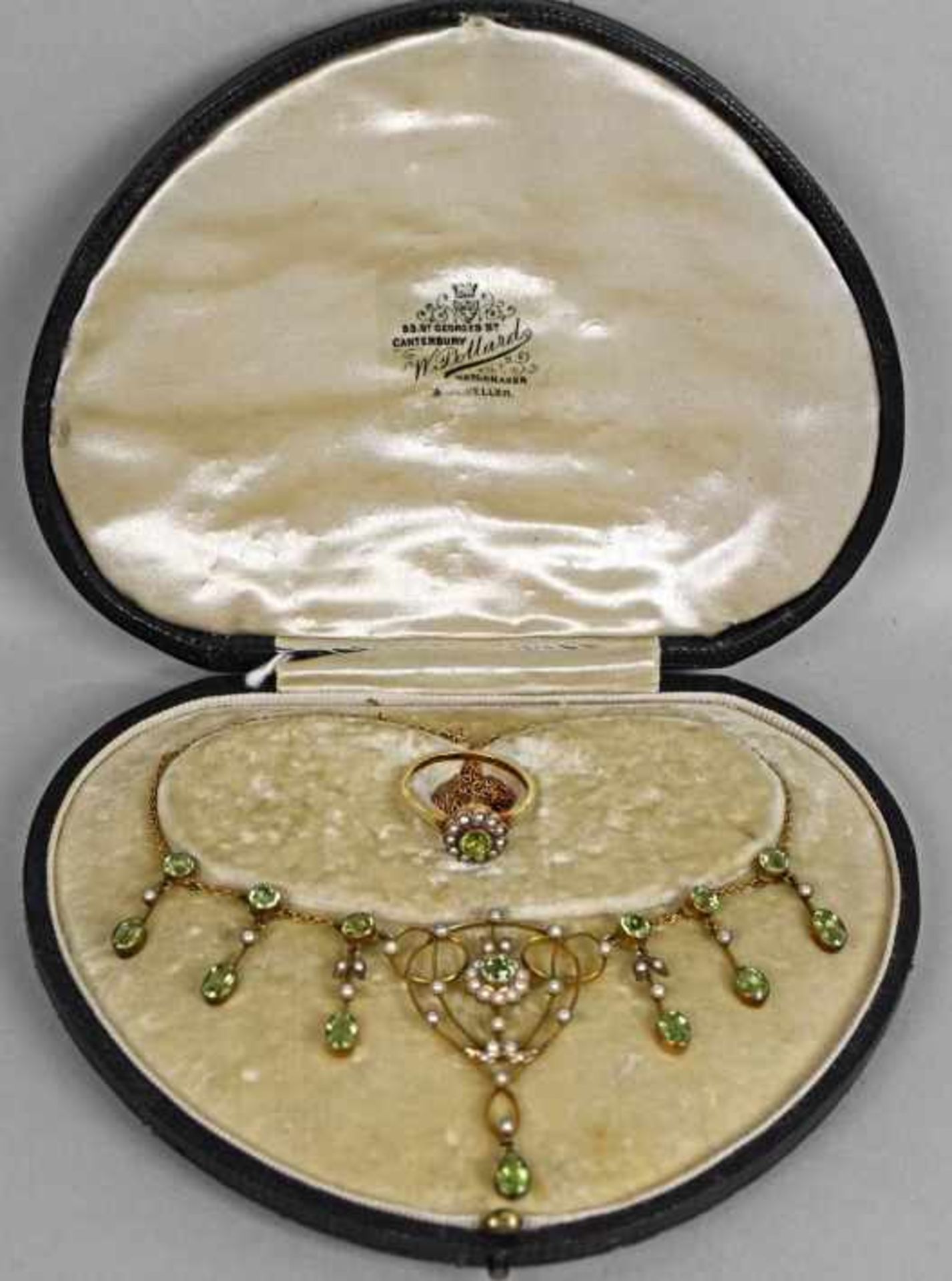 PARÜRE fünfteilig, Jugendstil: Collier, Ring in Blütenform, Paar Ohrgehänge, Armreif, jeweils - Bild 3 aus 8