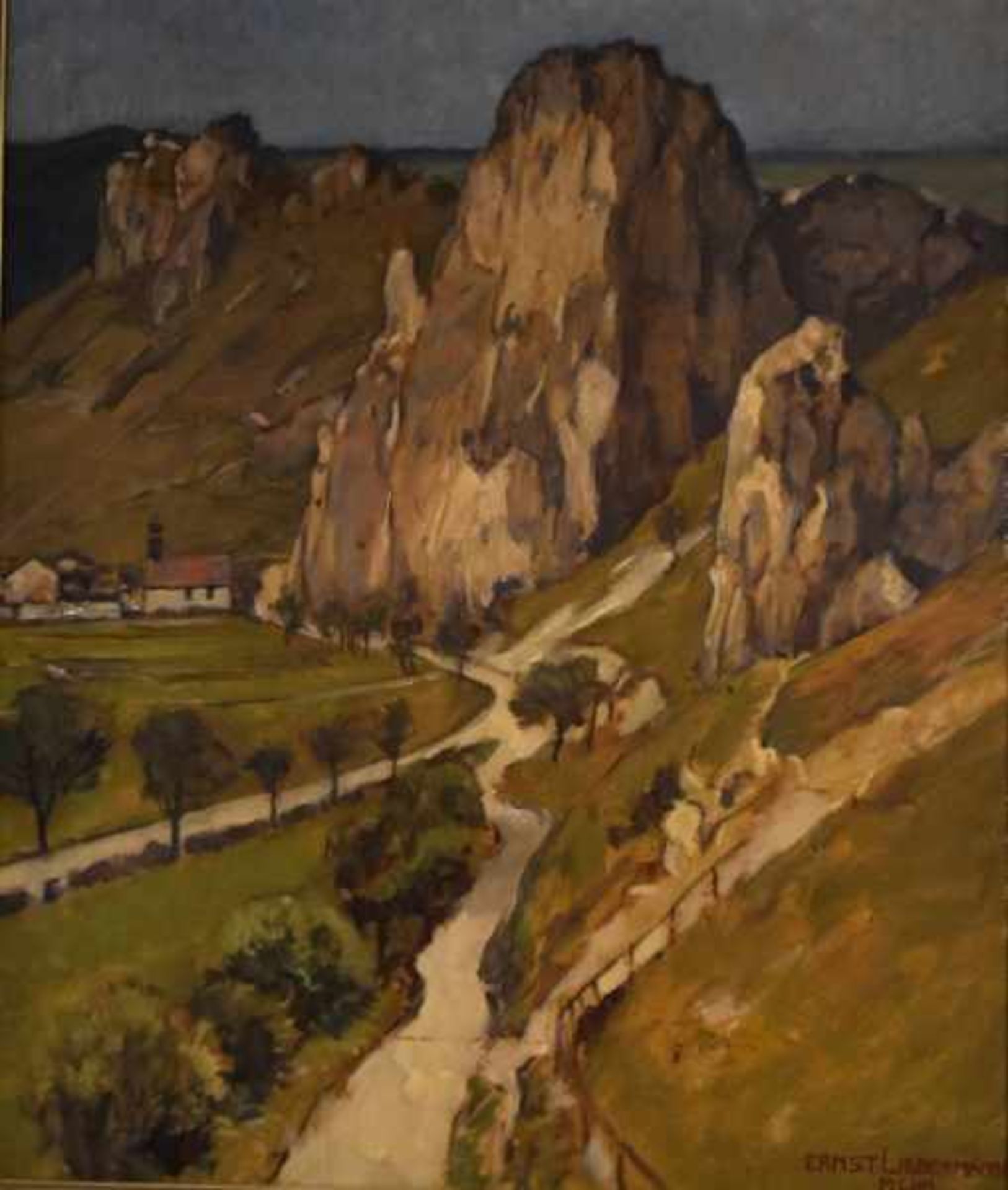 LIEBERMANN Ernst (1869 Meiningen - 1960 Beuerberg) "Felsenlandschaft" mit Straßen, links Kirche u.