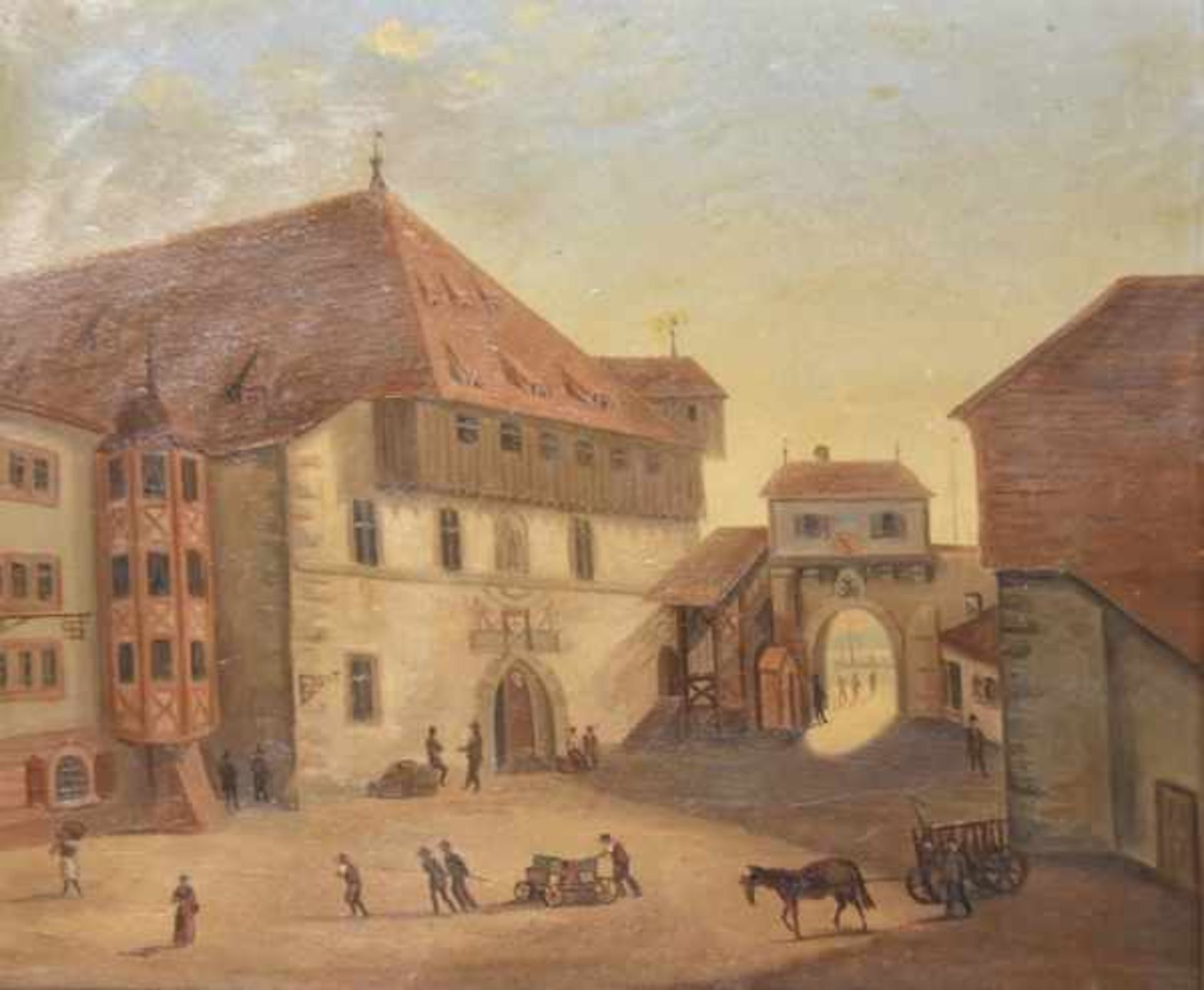 KONSTANZER KÜNSTLER (19.Jahrhundert) "Das Kaufhaus zu Konstanz" mit Personenstaffage vor dem Tor zum