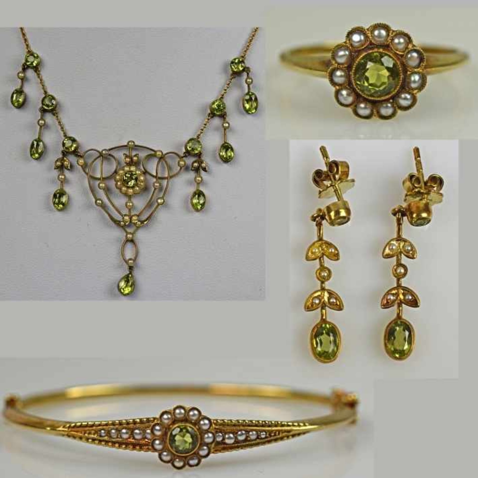 PARÜRE fünfteilig, Jugendstil: Collier, Ring in Blütenform, Paar Ohrgehänge, Armreif, jeweils - Bild 2 aus 8