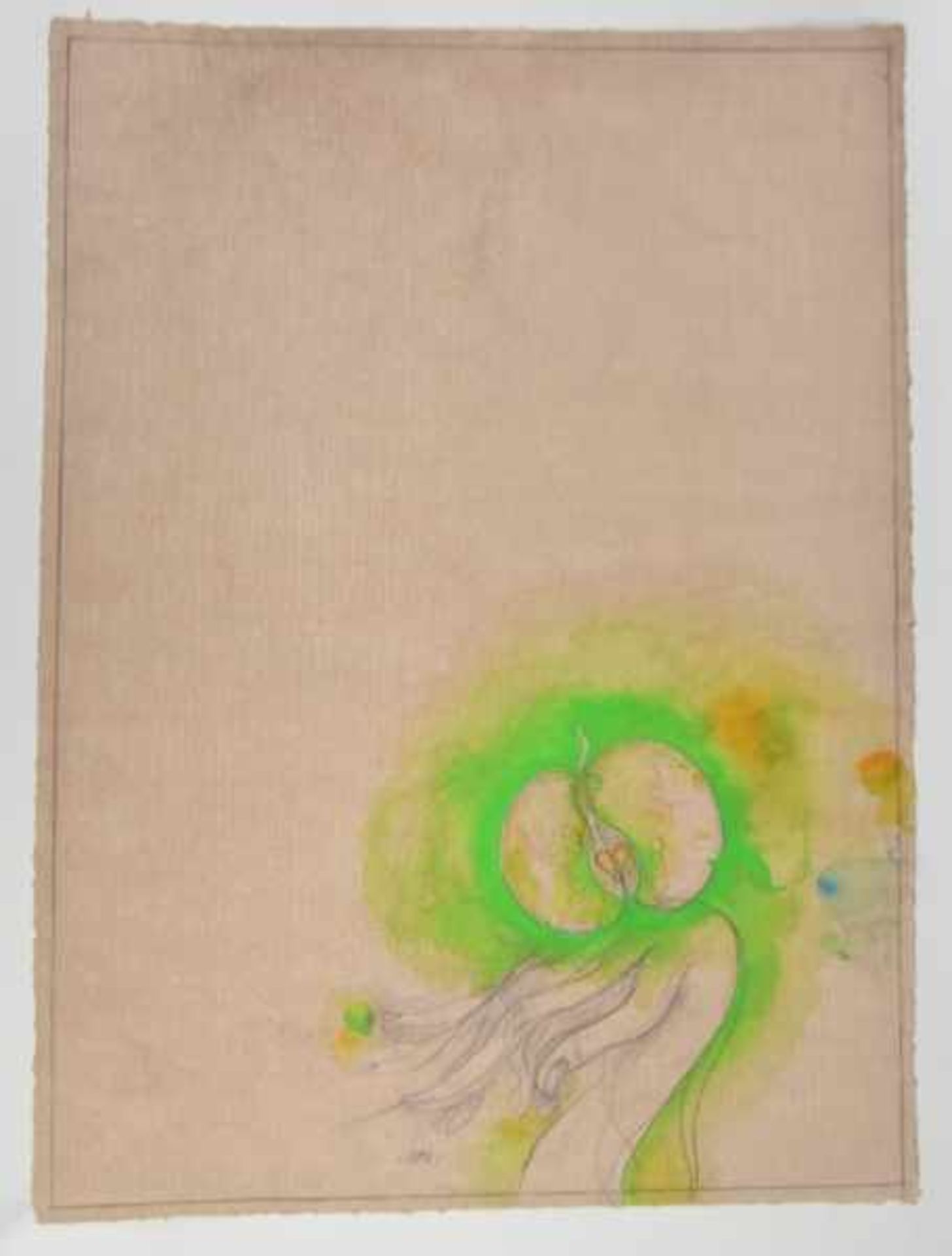 BRUNI Bruno (1935 Gradara) "Hand mit grünem Apfel" Bleistiftzeichnung mit Aquarell auf getöntem