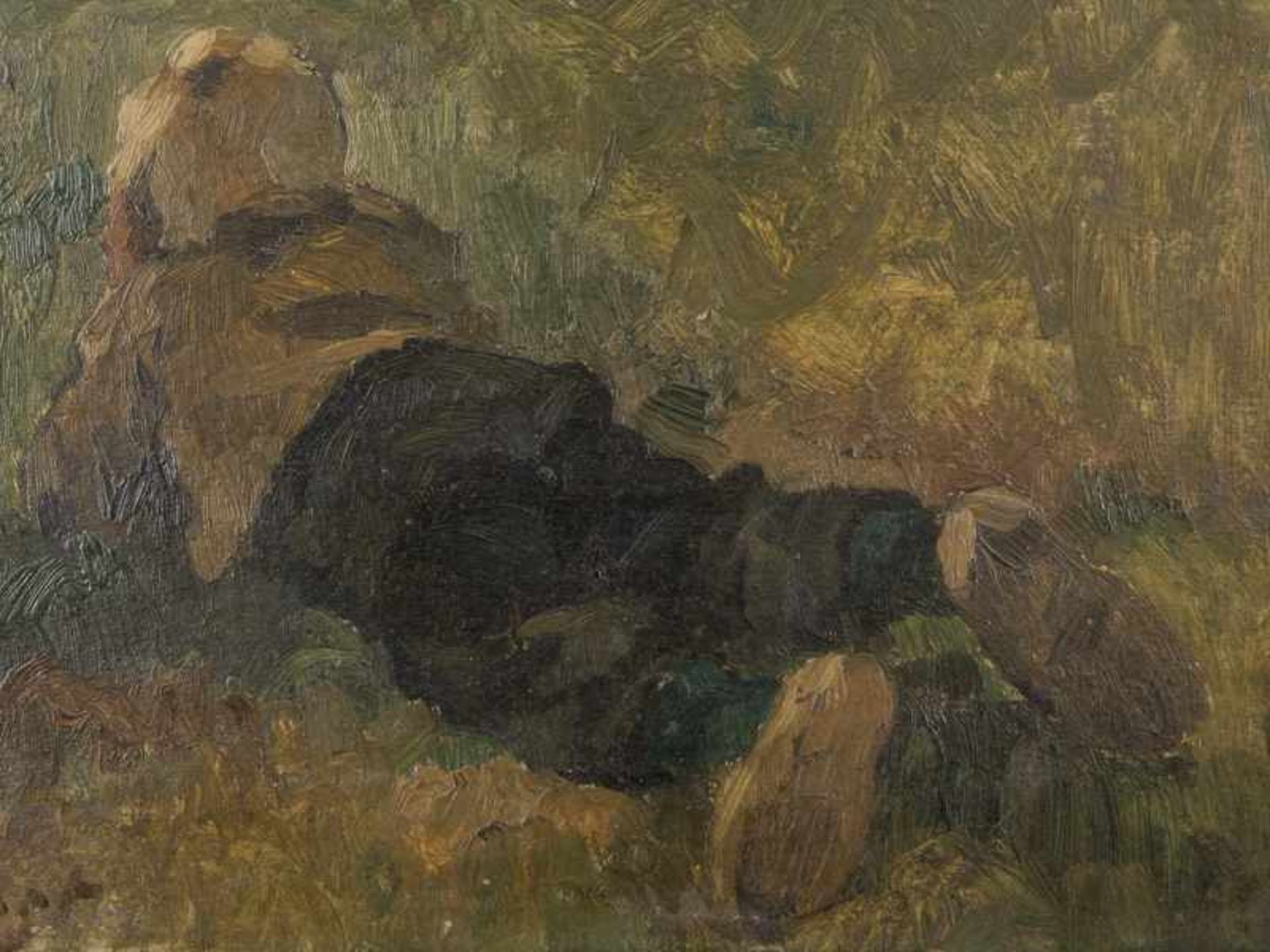 Herbst, Thomas (1848 - 1915). Öl auf Karton (?), "Liegender Junge im Gras", kleine reizvolle - Bild 2 aus 4