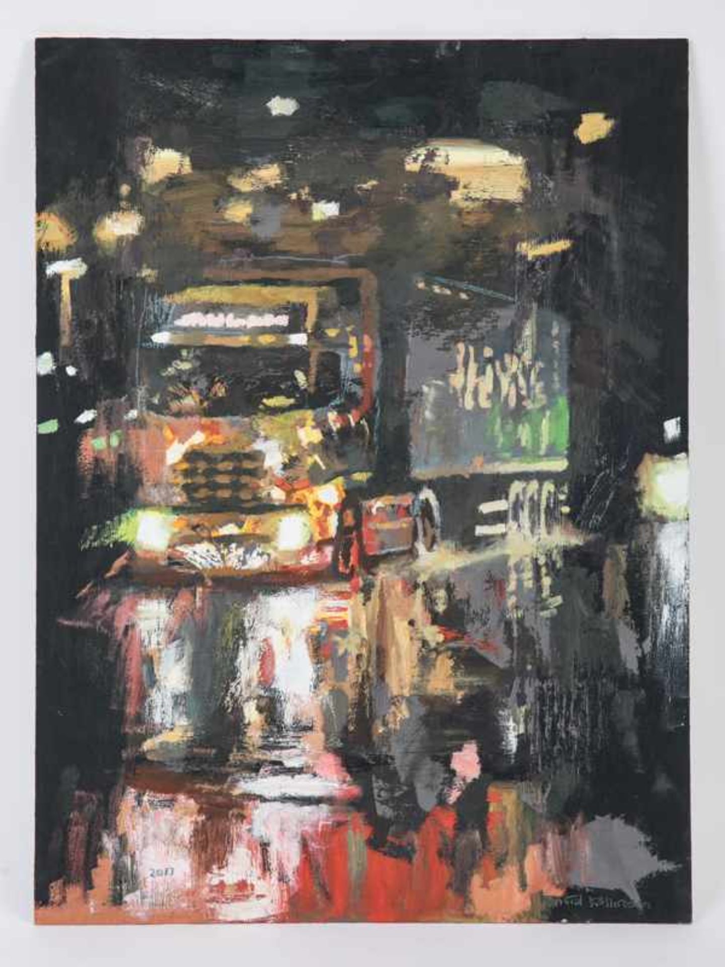 Köllmann, David (* 1976). Öl auf Malpappe, "Lastkraftwagen auf regennasser Straße bei Nacht",