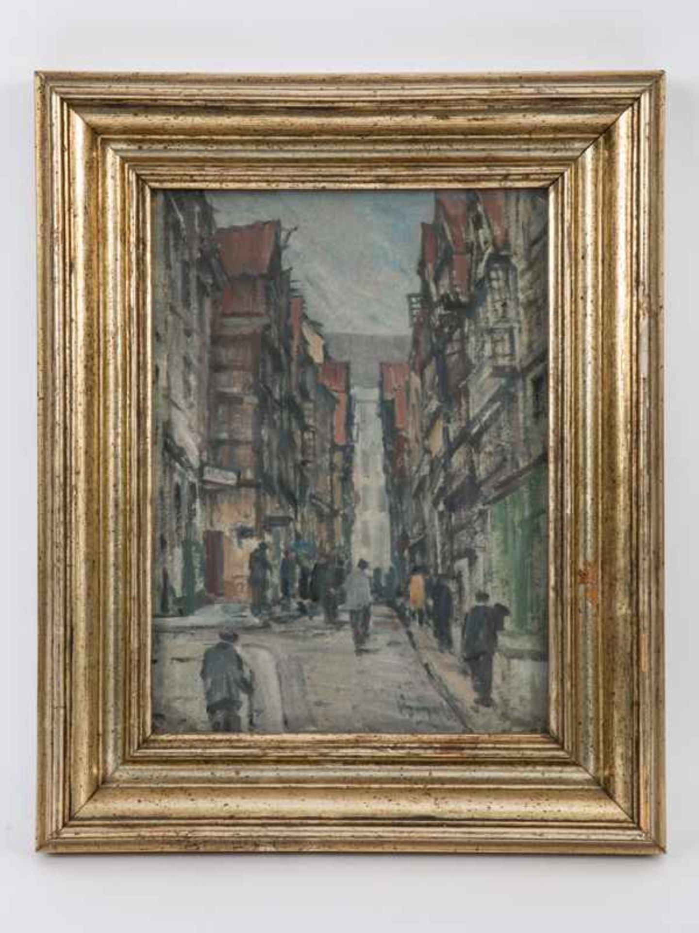 Bögel, Oskar (1871 - 1964). Mischtechnik auf Papier, "Straßenszene aus dem alten Hamburger