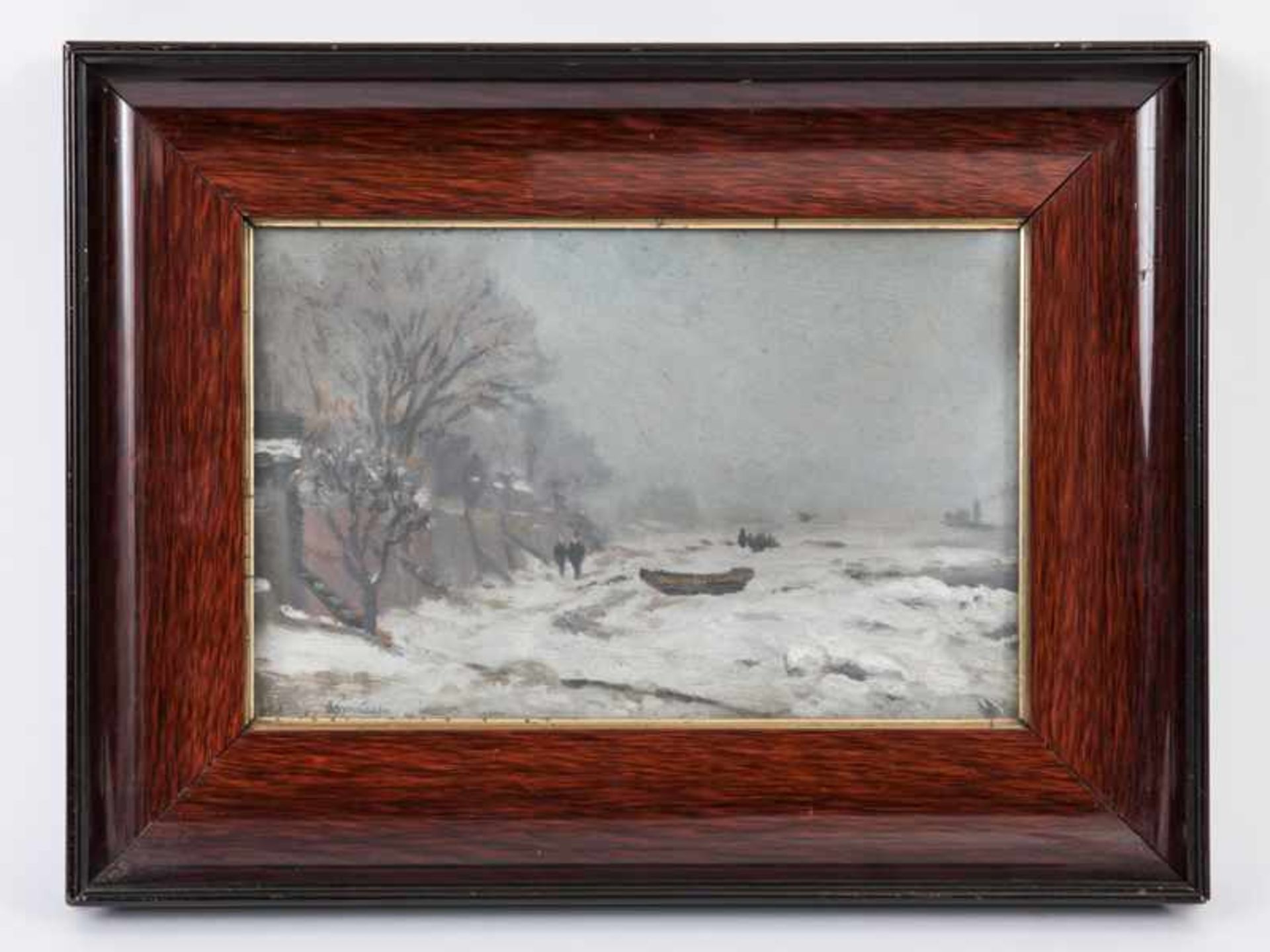 Asmussen, Anton Klaus (1857 - 1904). Öl auf Karton, "Winter an der Elbe", kleine winterliche