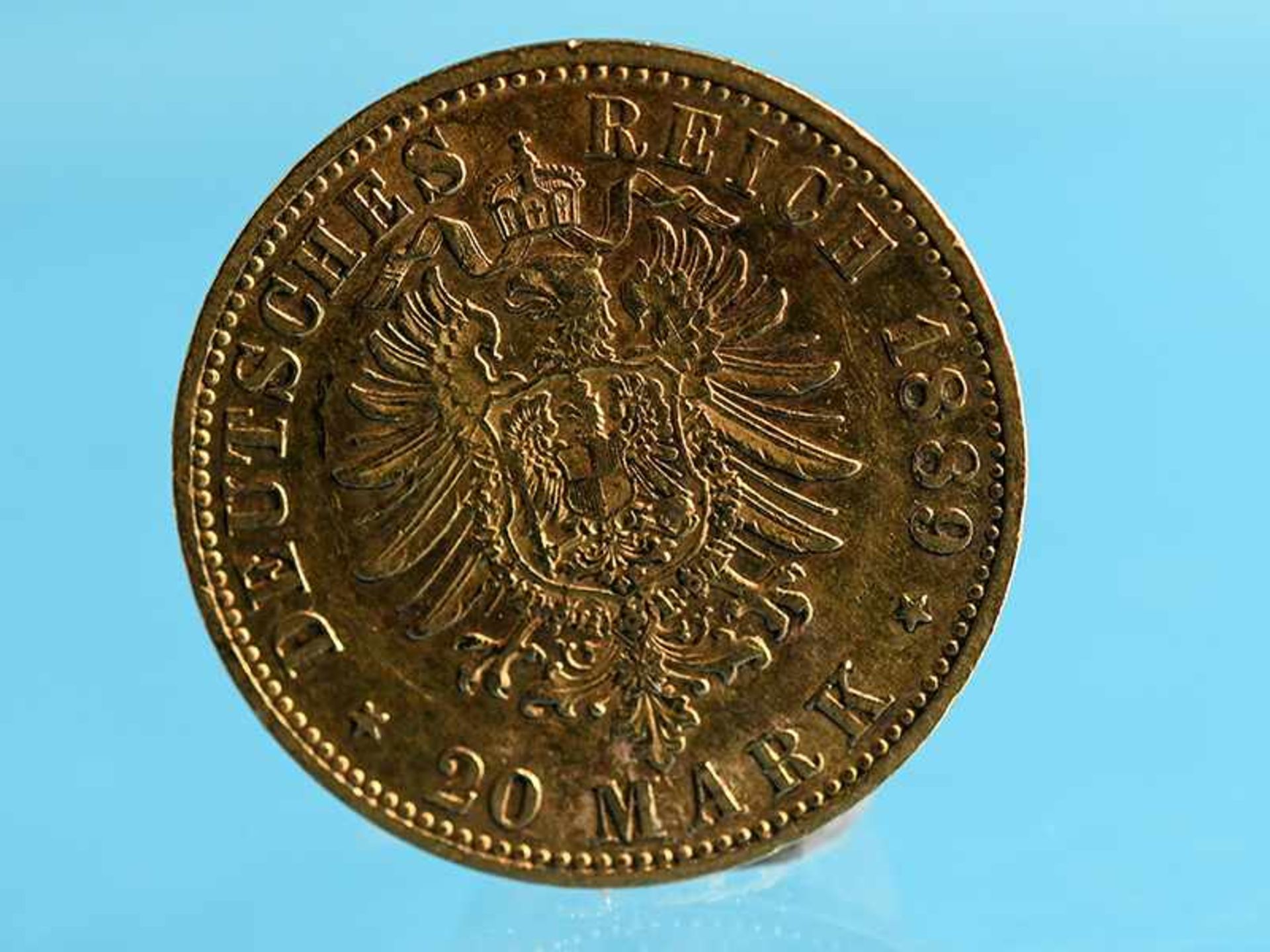 20 Goldmark "Wilhelm II.", Deutsches Kaiserreich, 1889. 900/-Gold, ca. 7,96 g; vorderseitiges - Image 2 of 2