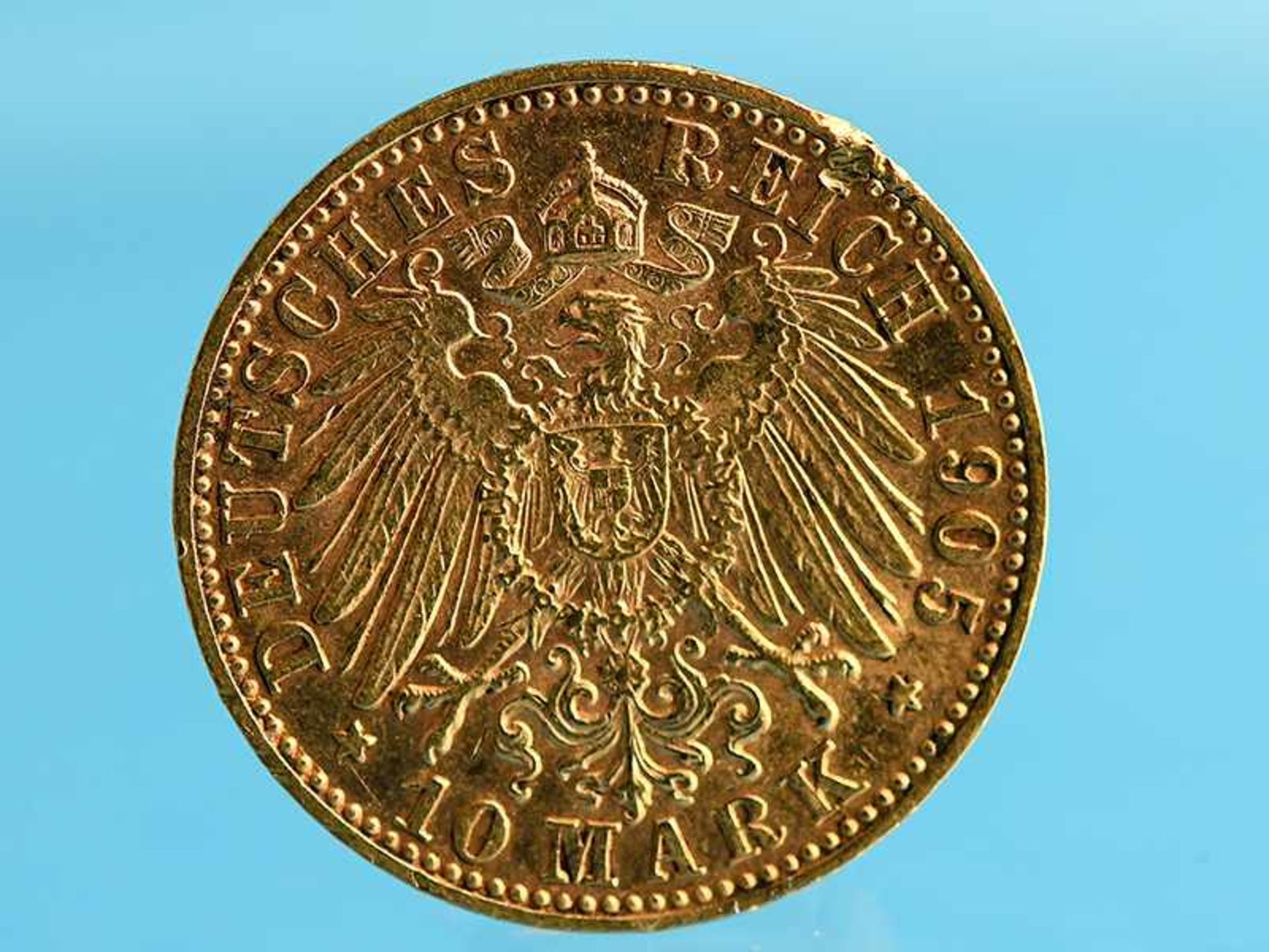 10 Goldmark "Otto Koenig von Bayern", Deutsches Kaiserreich, 1905. 900/-Gold, ca. 3,98 g; - Bild 2 aus 2