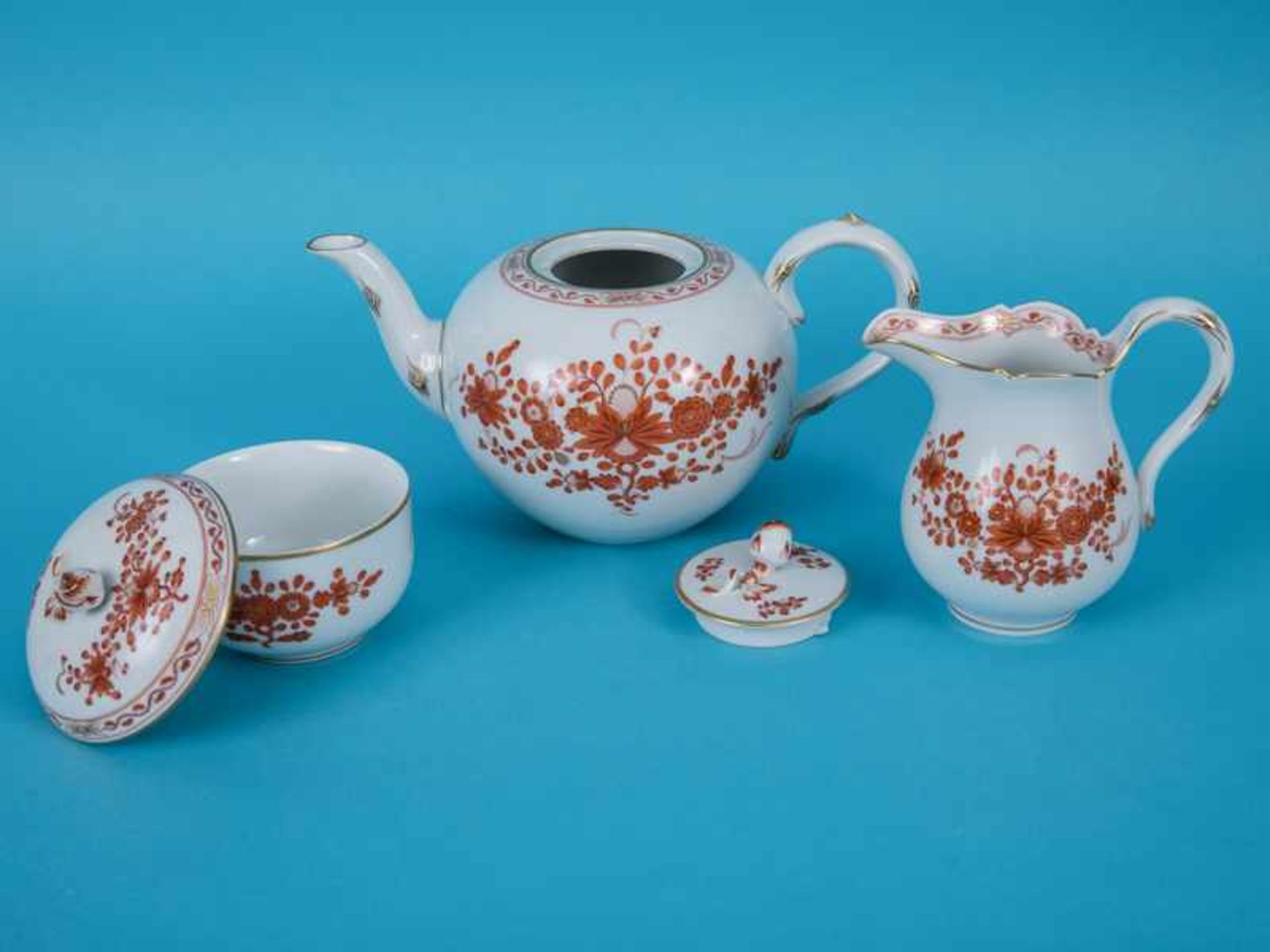 3-tlg. Tee-Set, "Reiche Indische Malerei/Koralle", Meissen, 1. Hälfte 20. Jh. Weißporzellan mit - Image 2 of 4