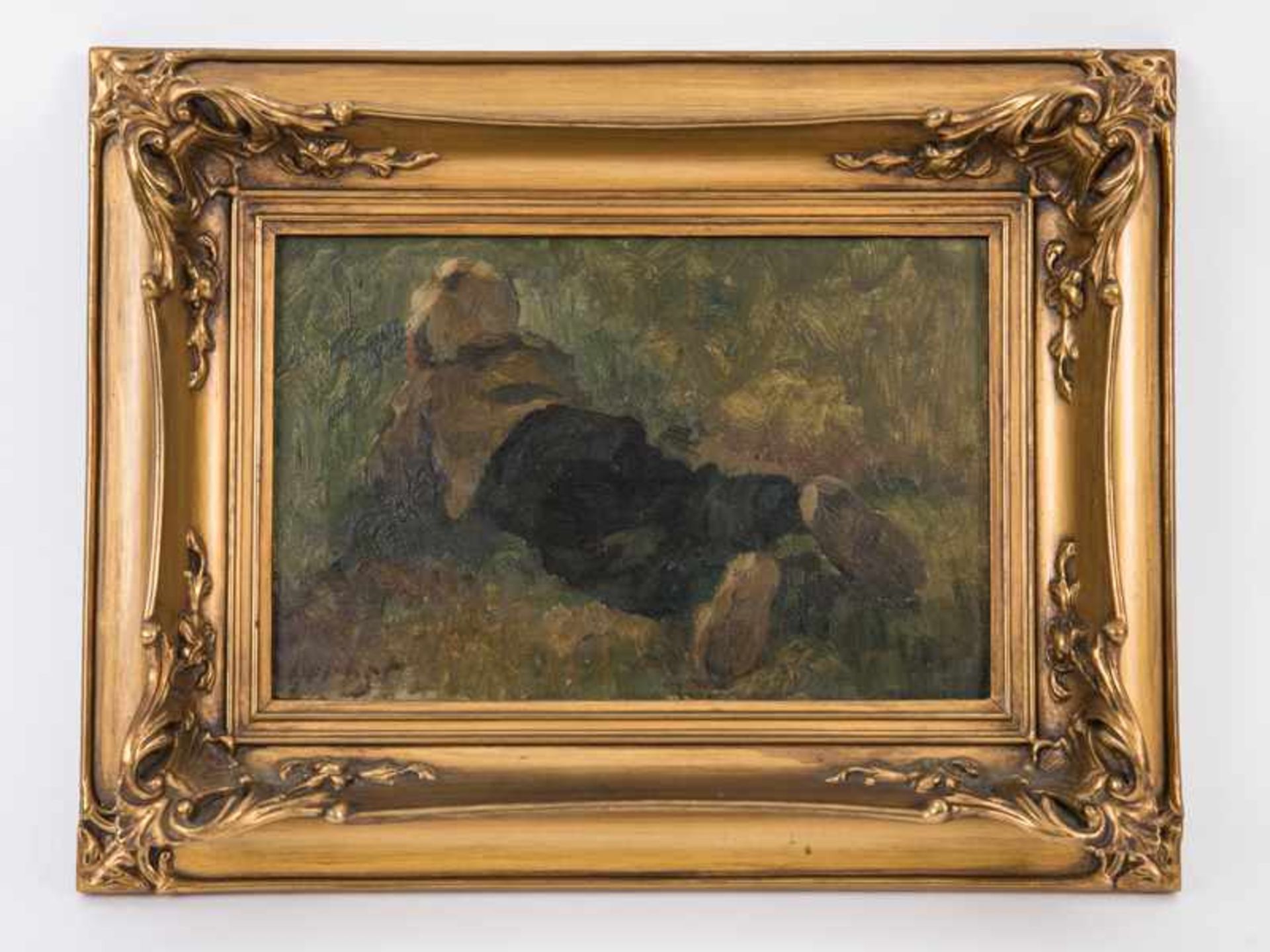 Herbst, Thomas (1848 - 1915). Öl auf Karton (?), "Liegender Junge im Gras", kleine reizvolle