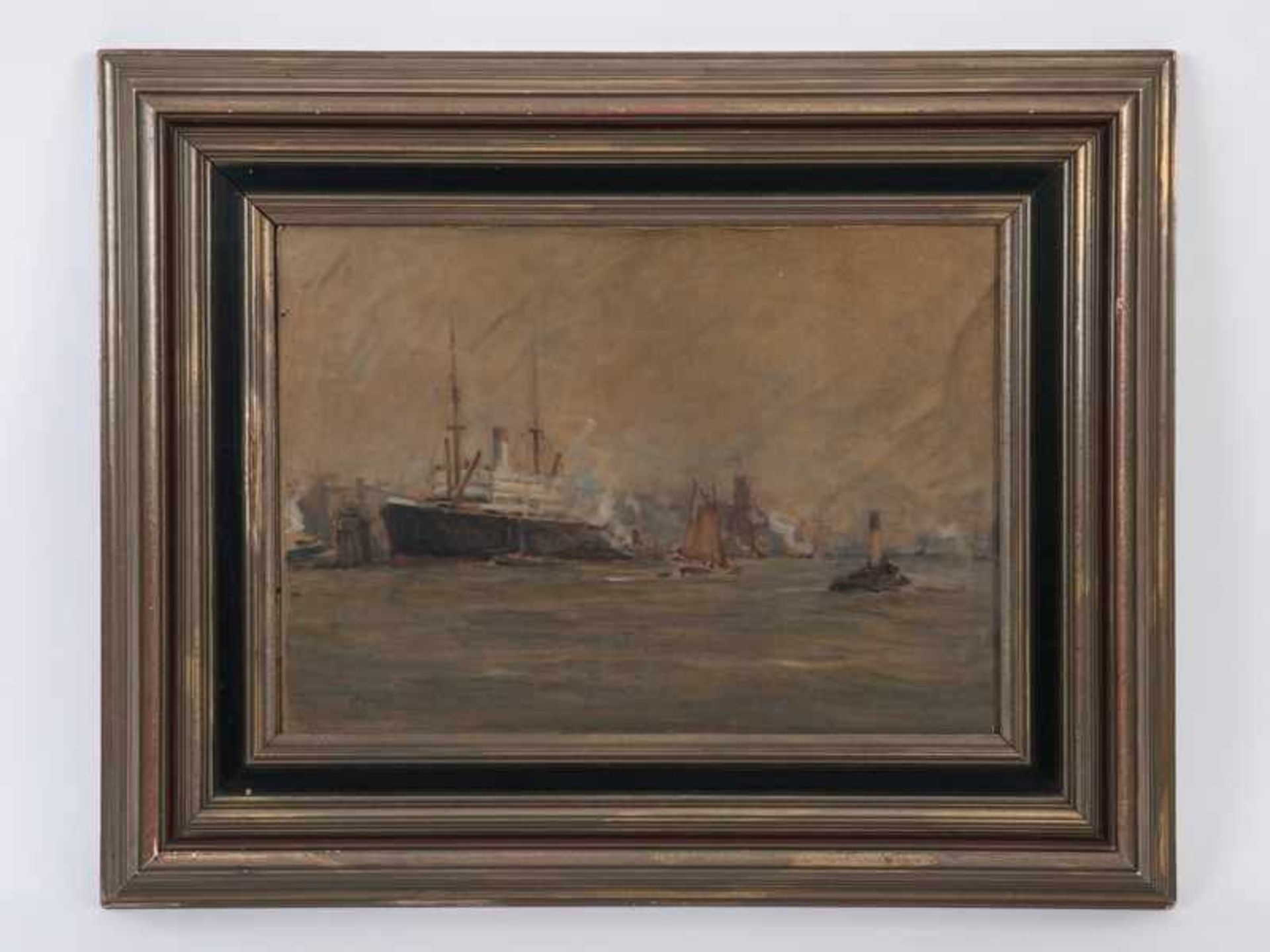 Bögel, Oskar (1871 - 1964). Öl auf Karton, "Hamburger Hafen mit diversen verschiedenen Schiffen,