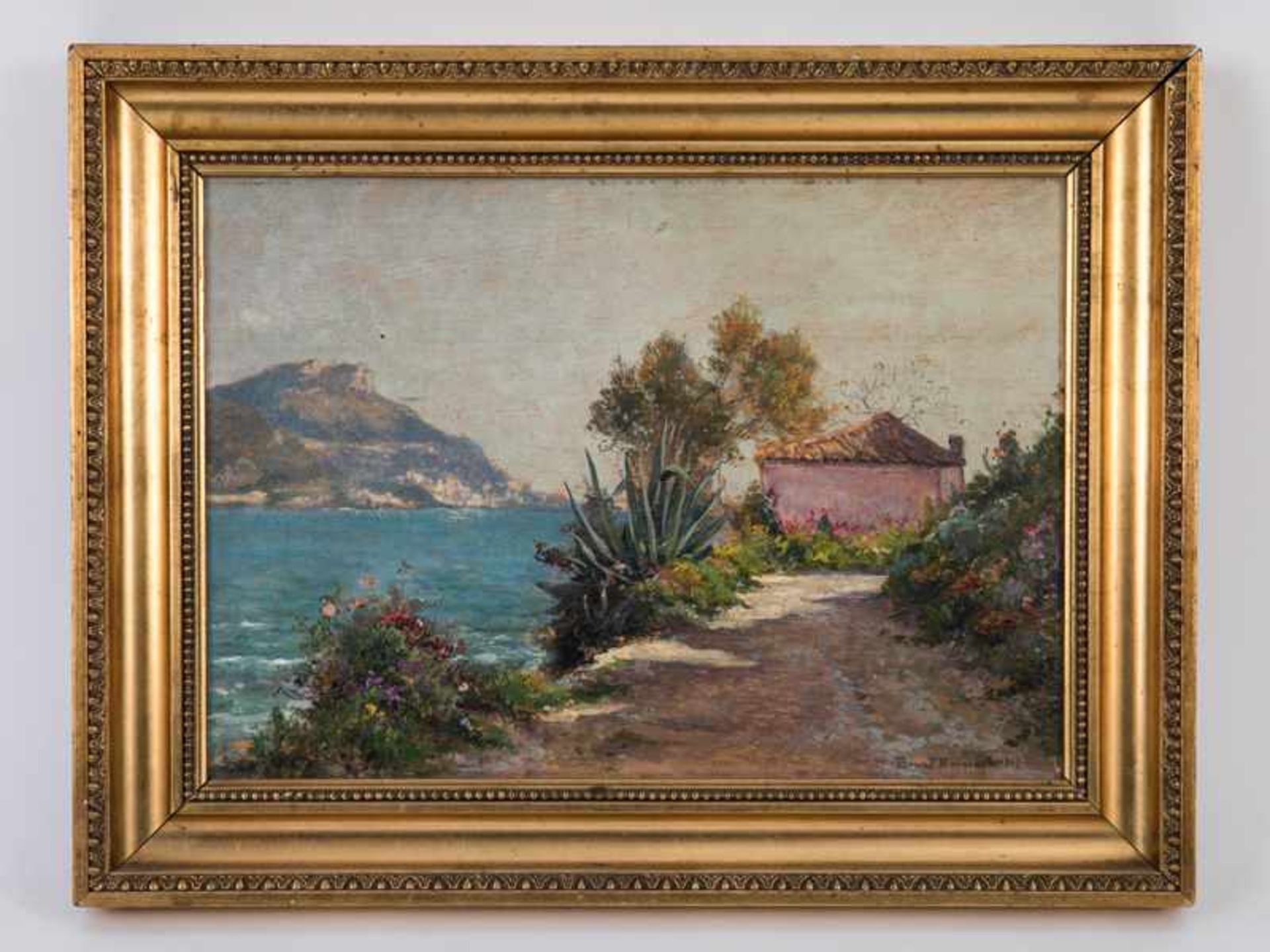 Brun-Buisson, Gabriel (1883 - ?). Öl auf Holz, "Mediterrane Küstenlandschaft mit Landhaus und Garten