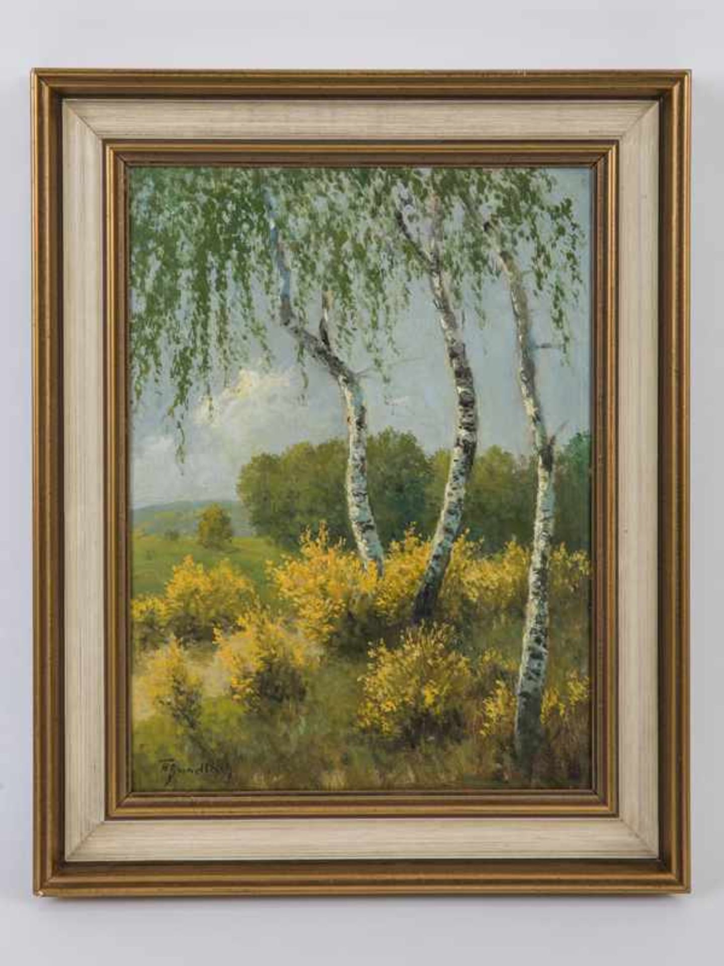 Gundlach, Henry (1884 - 1965). Öl auf Hartfaser, "Frühlingslandschaft mit 3 Birken", hügelige, in