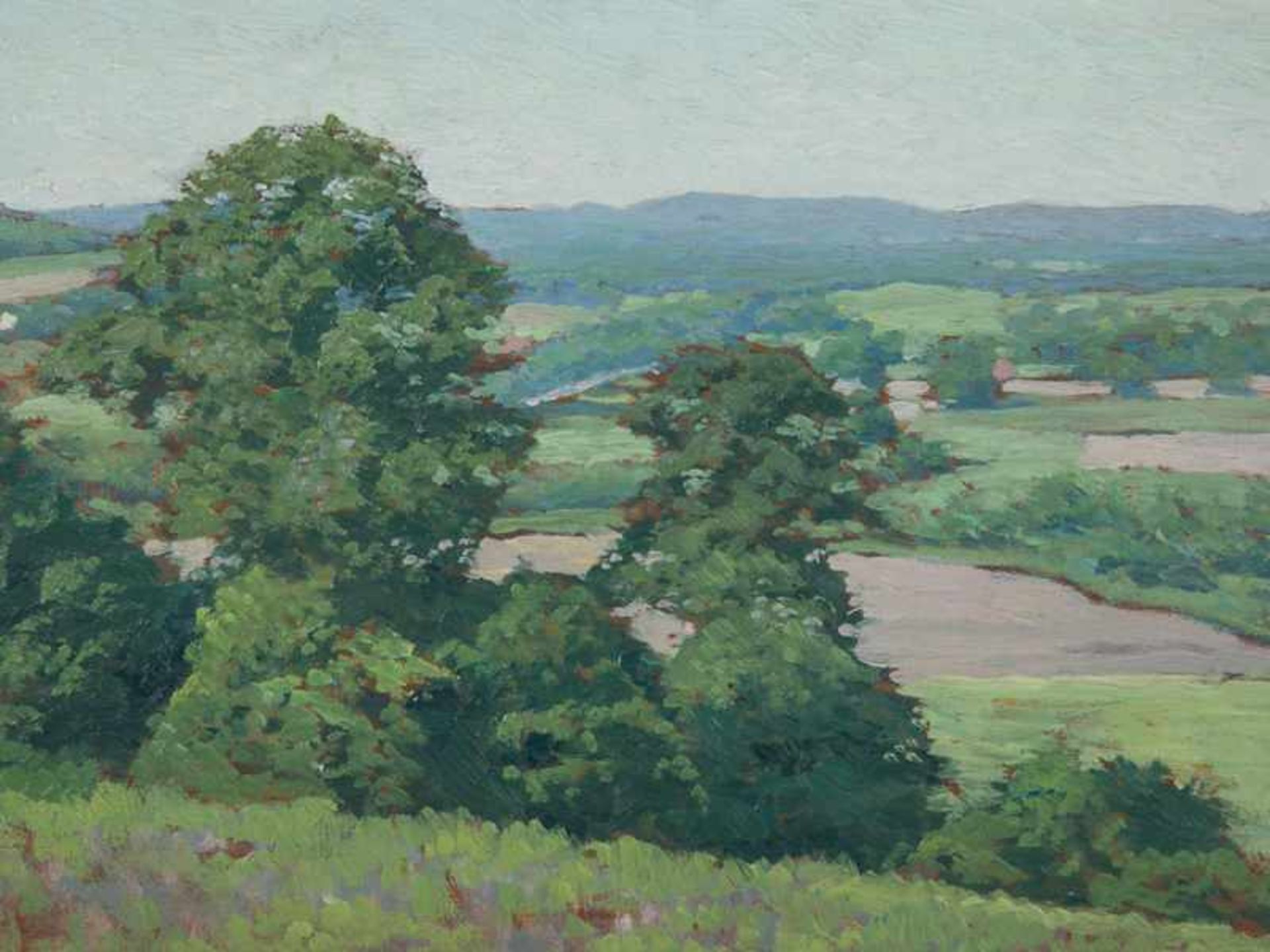 Landschaftsmaler, um 1900 (wohl USA). Öl auf Holzplatte; "Sommerliche Hügellandschaft mit Feldern, - Image 2 of 4
