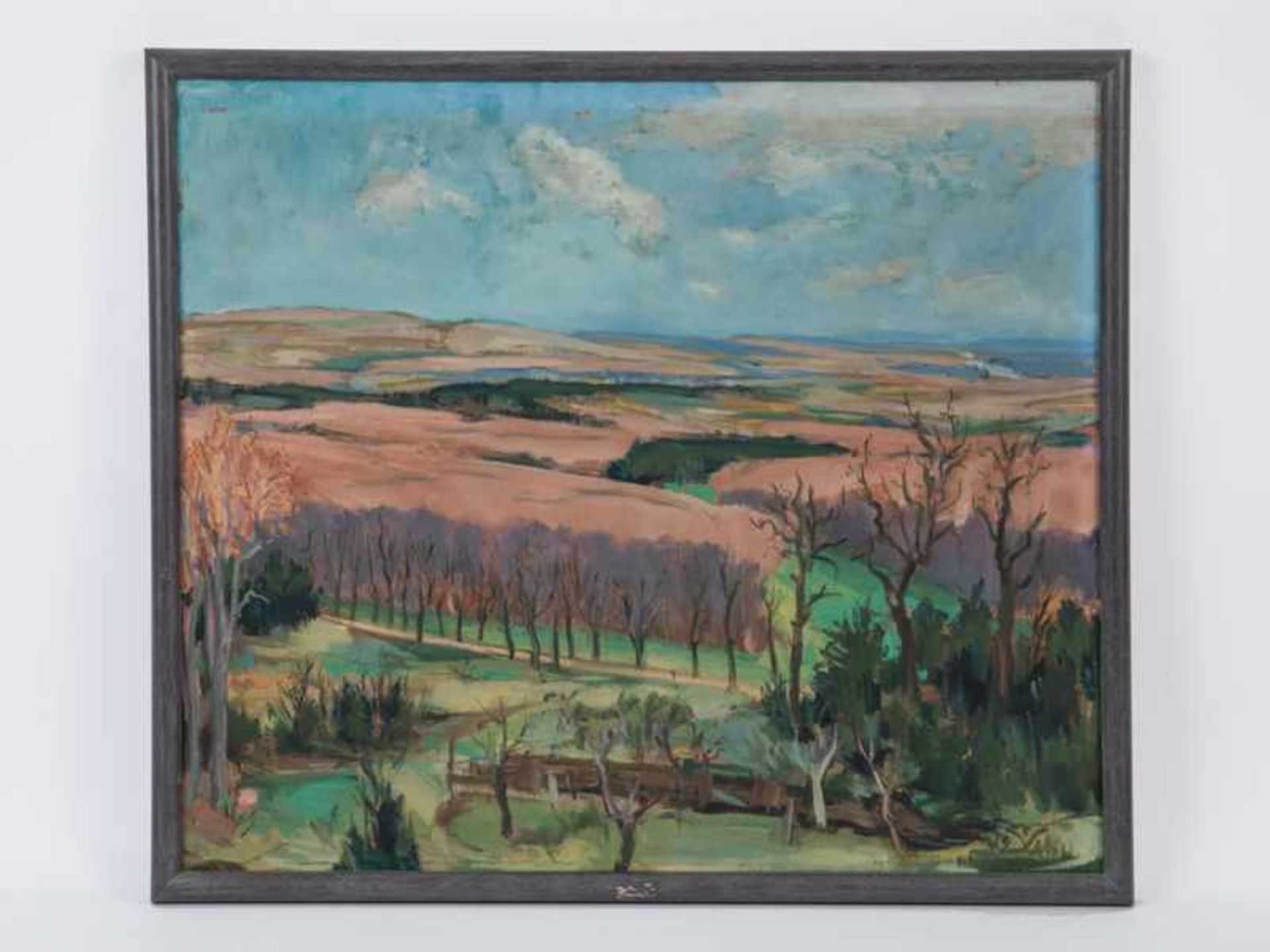 Heinsheimer, Fritz (1897 - 1958). Öl auf Presspappe, "Taunuslandschaft mit Blick auf den Rhein",