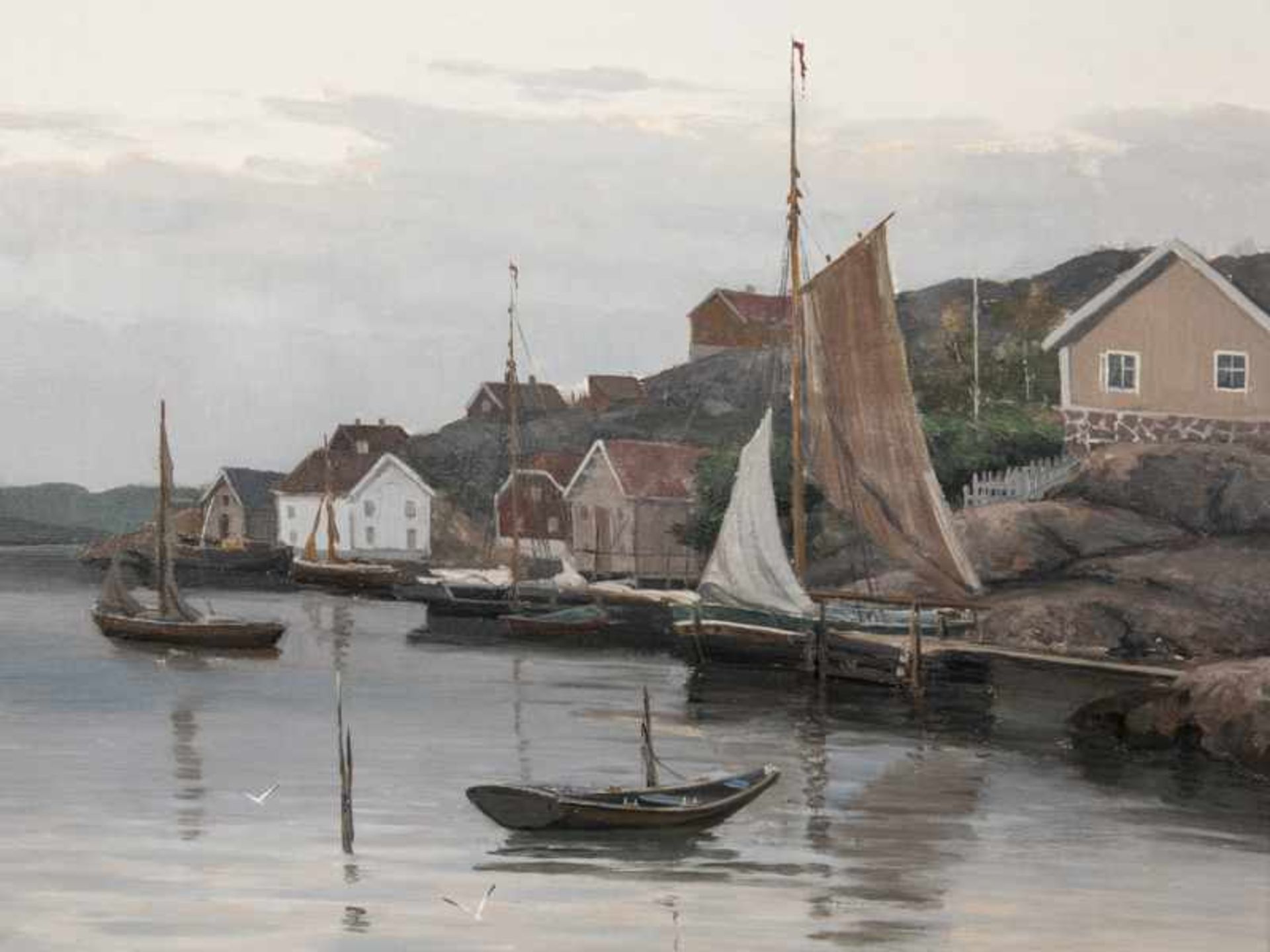Schjöth, Claus (1852 - ?). Öl auf Leinwand; Abendstimmung in einem kleinen skandinavischen Hafen mit - Bild 2 aus 5
