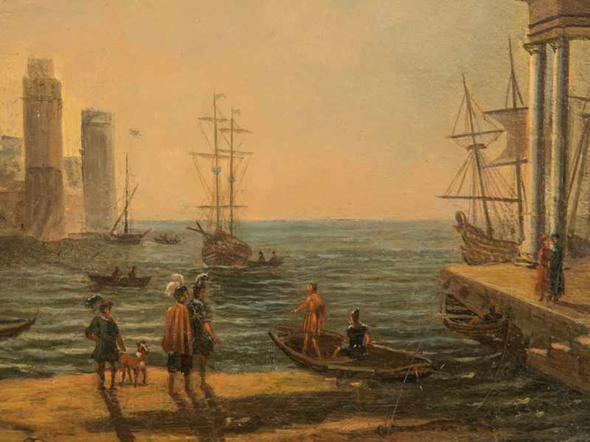 Kopist des 19./20. Jh, nach Claude Lorrain. Öl auf Holz (bzw. Leinwand, doubliert ?), "Hafen mit - Image 2 of 4