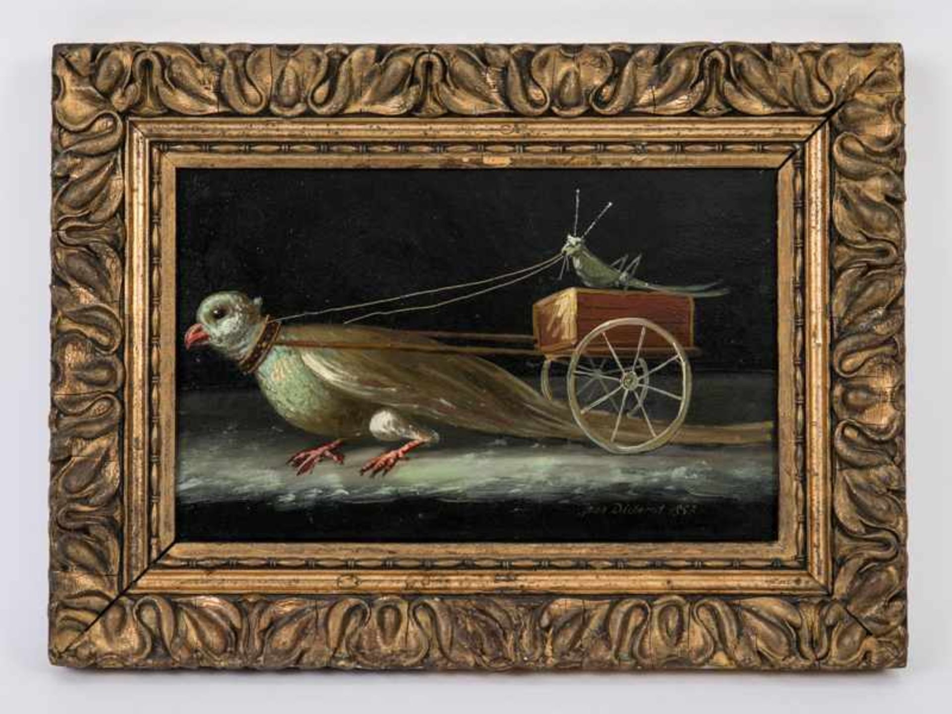 Französischer Maler des 19. Jh., bez. "Jean Diderot". Öl auf Karton; "Gespann mit Heuschrecke als