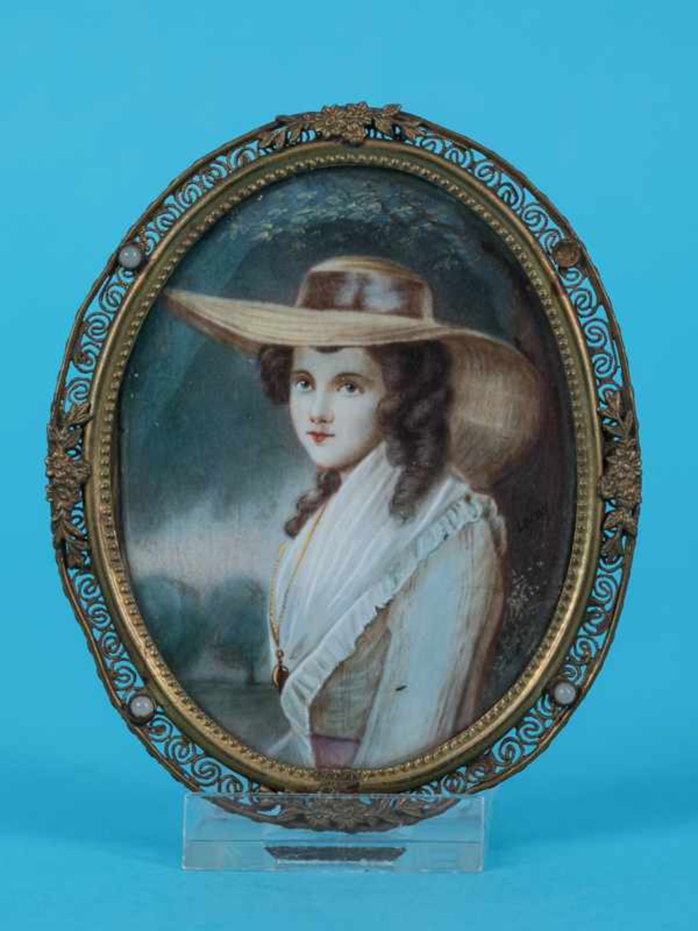 Miniatur-Damenportrait nach Gemälde von Joshua Reynolds ("Lavinia Bingham"), 19. Jh. Tempera/Gouache