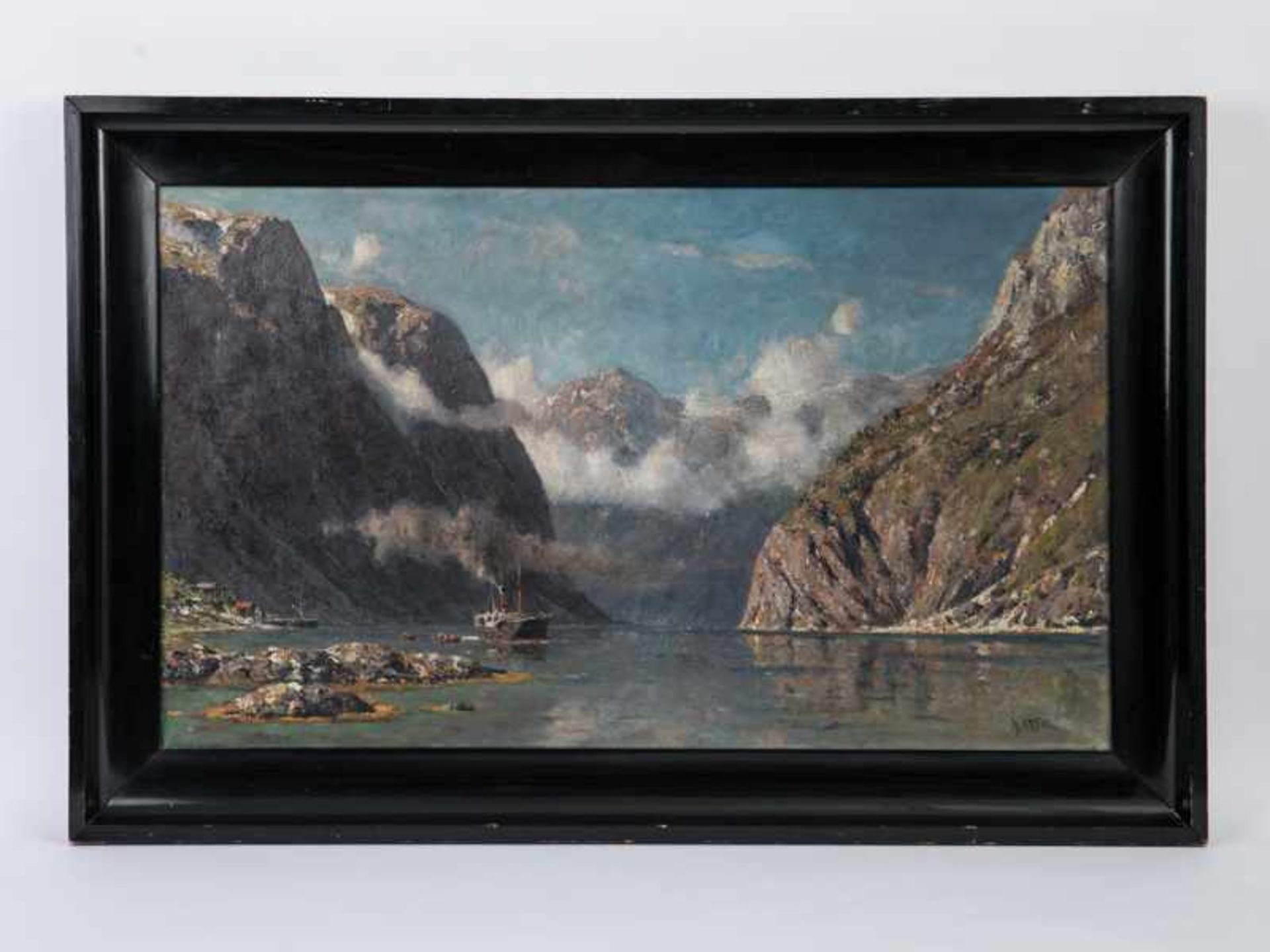 Enfield, Henry (1849 - 1908). Öl auf Leinwand, "Naeröfjord"; norwegische Fjordlandschaft mit