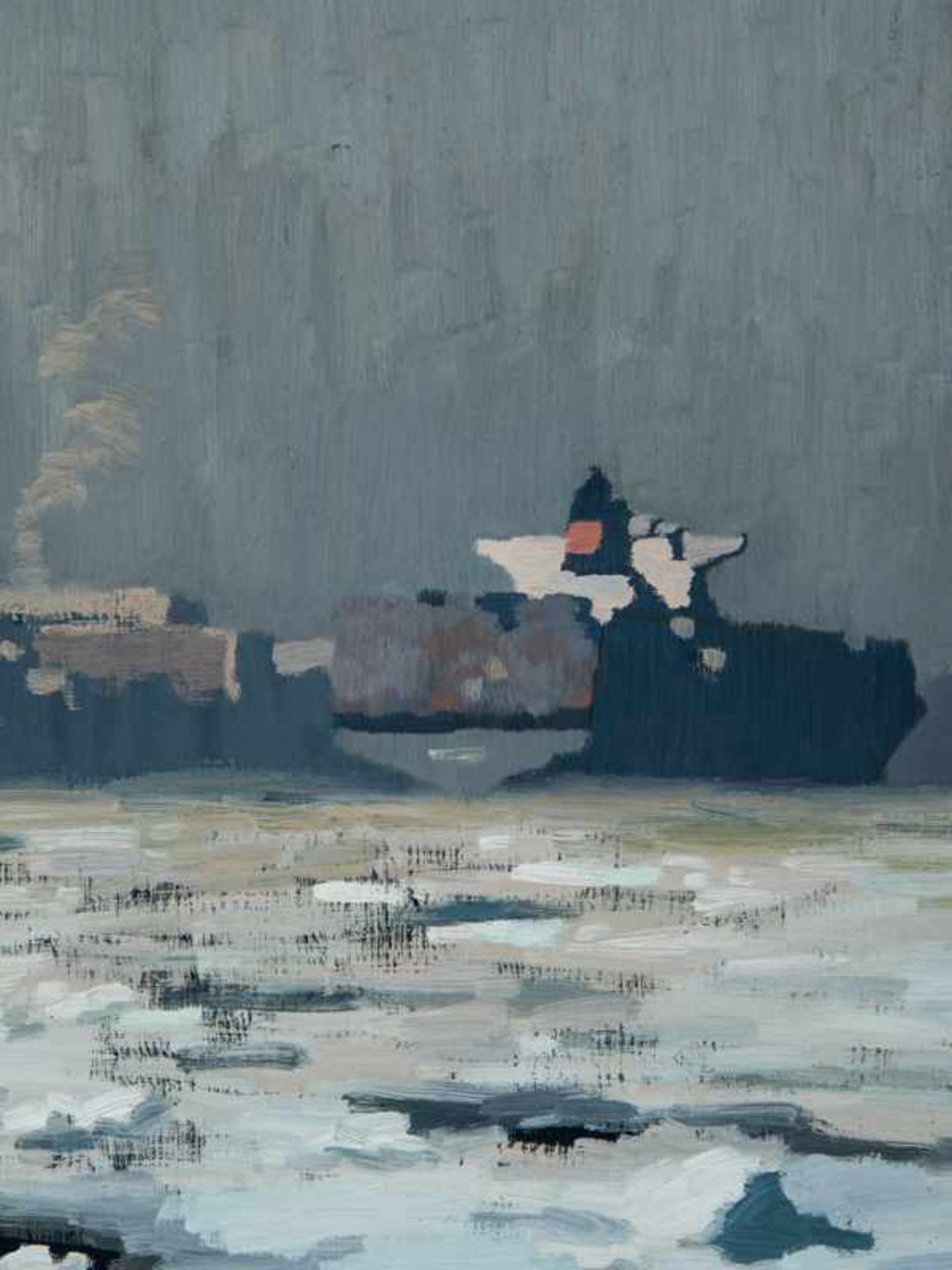 Köllmann, David (* 1976). Öl auf Holz, "Containerschiff auf der winterlichen Elbe im Hamburger - Image 3 of 6