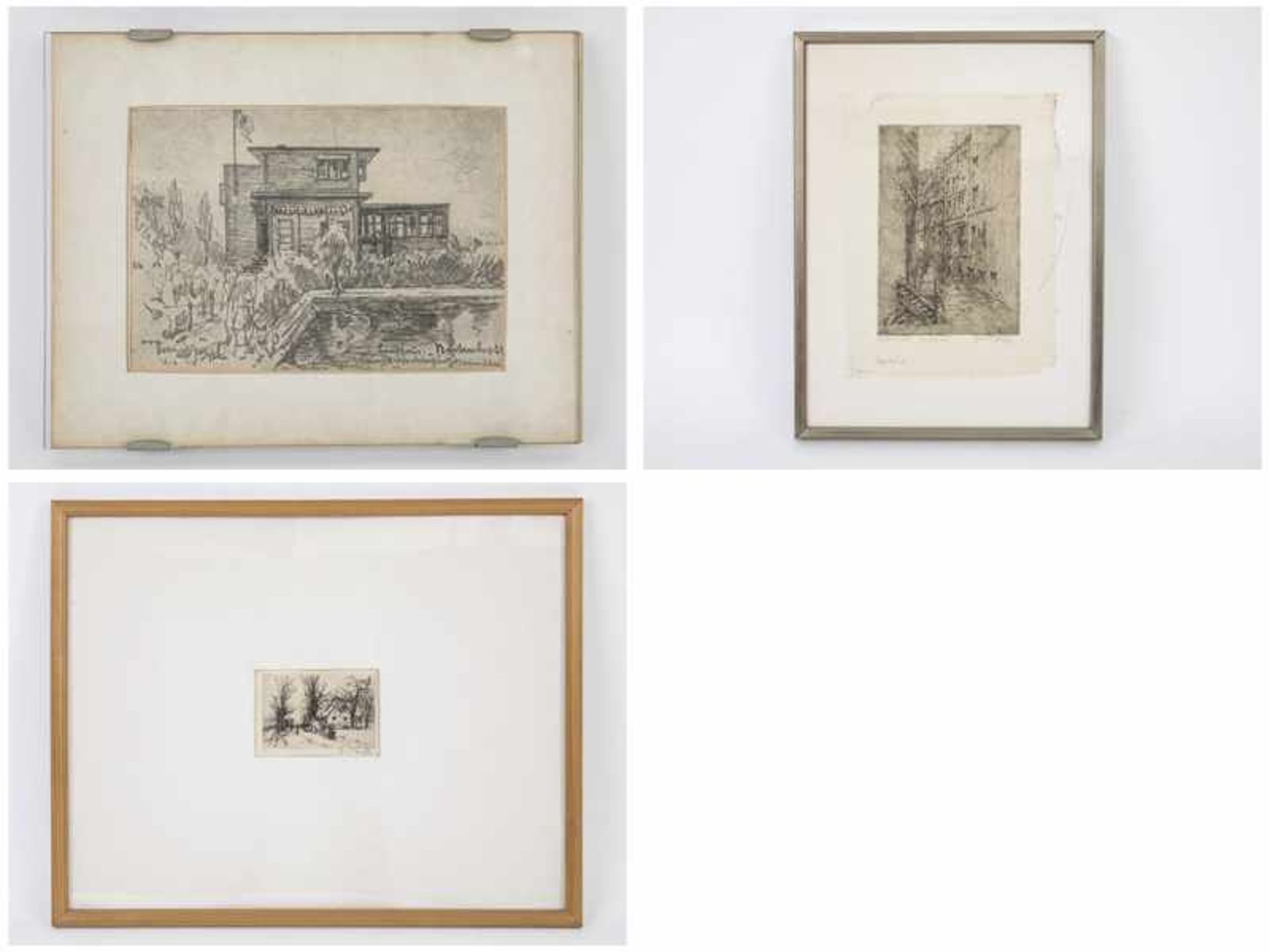Bögel, Oskar (1871 - 1964). 2 Radierungen + 1 Künstlerpostkarte mit Offsetdruck; 1) "Es regnet!" (