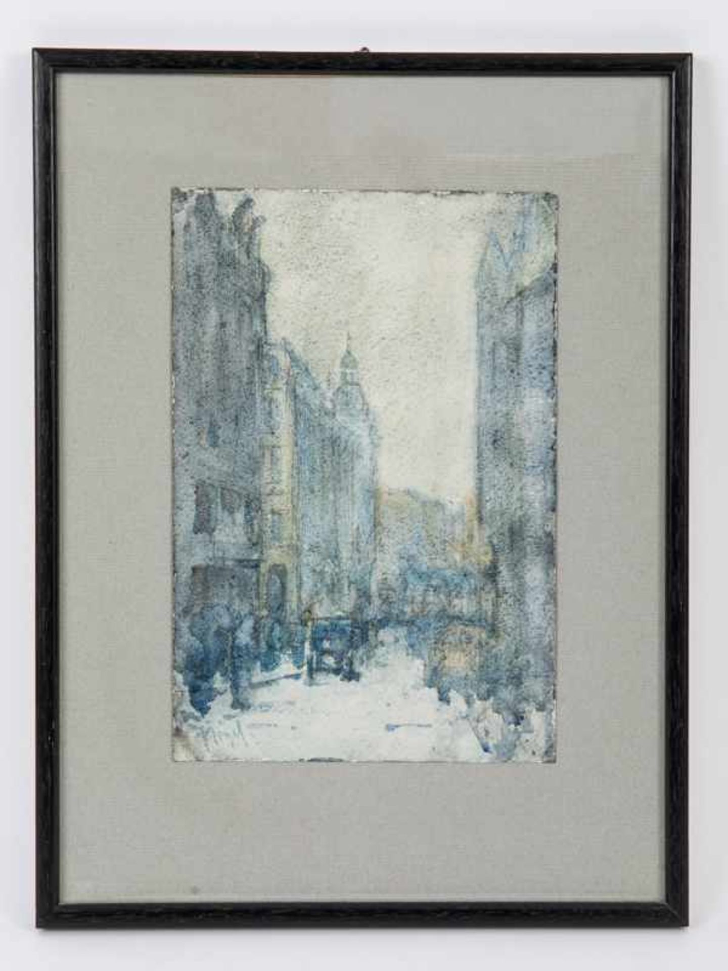 Bögel, Oskar (1871 - 1964). Aquarell, "Großstädtische Straßenszene in dunstiger Licht-Stimmung mit