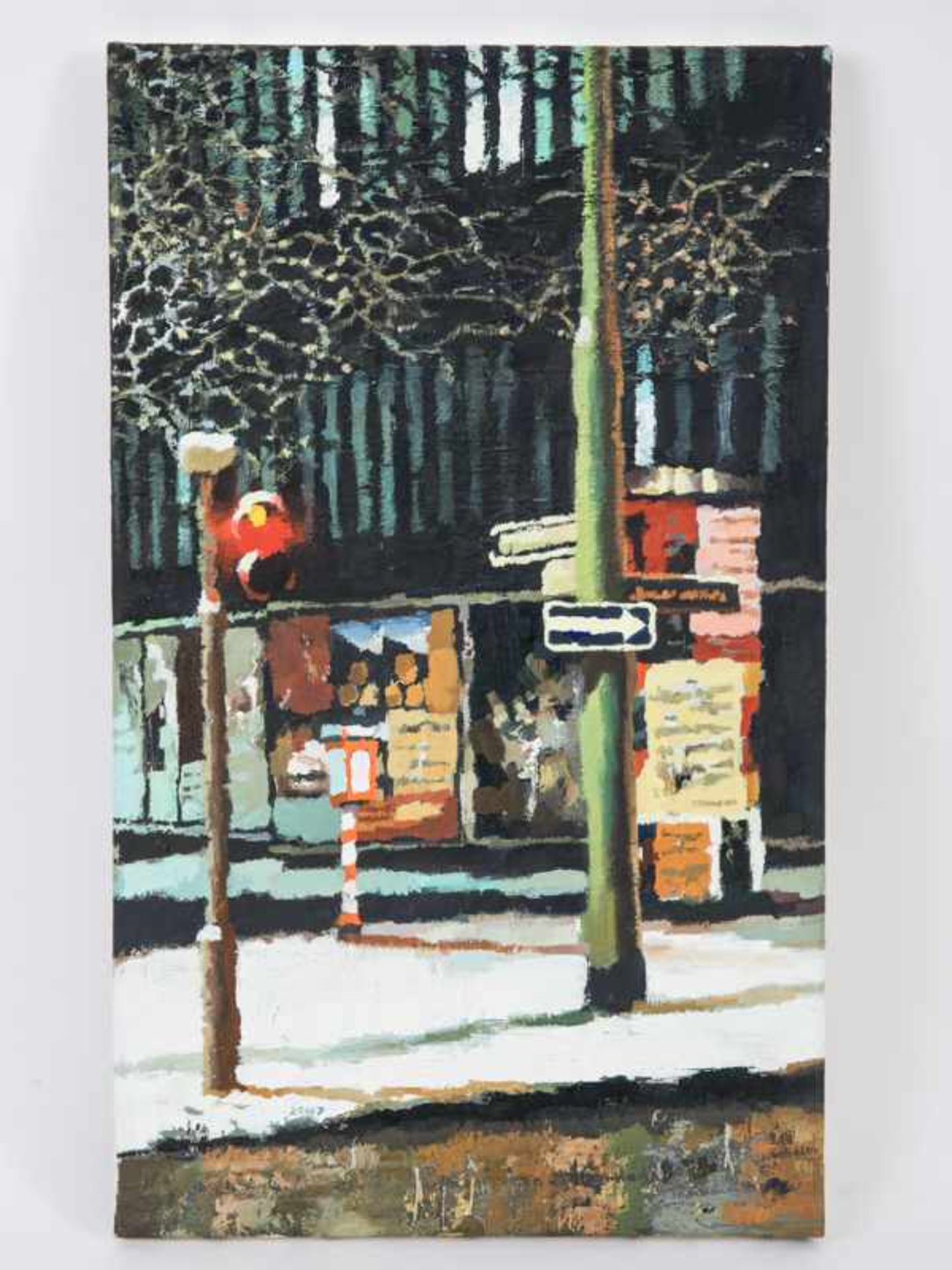 Köllmann, David (* 1976). Öl auf Leinwand, "Bald am Wald", 2007; nächtliche Straßenkreuzung in der