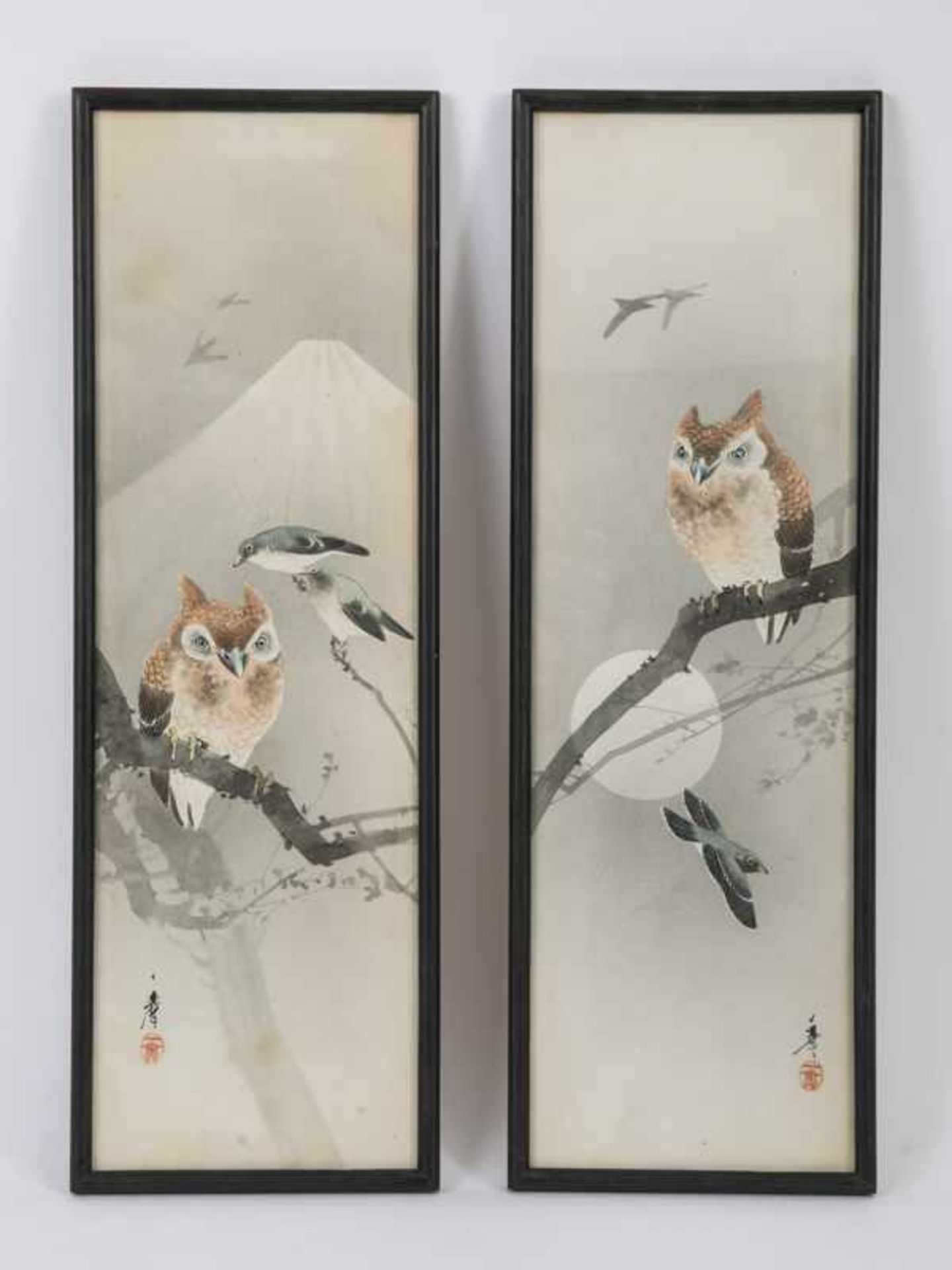 Japanischer Aquarellist, Anfang 20. Jh. Paar Aquarellzeichnungen, "Eulen mit Vögeln und