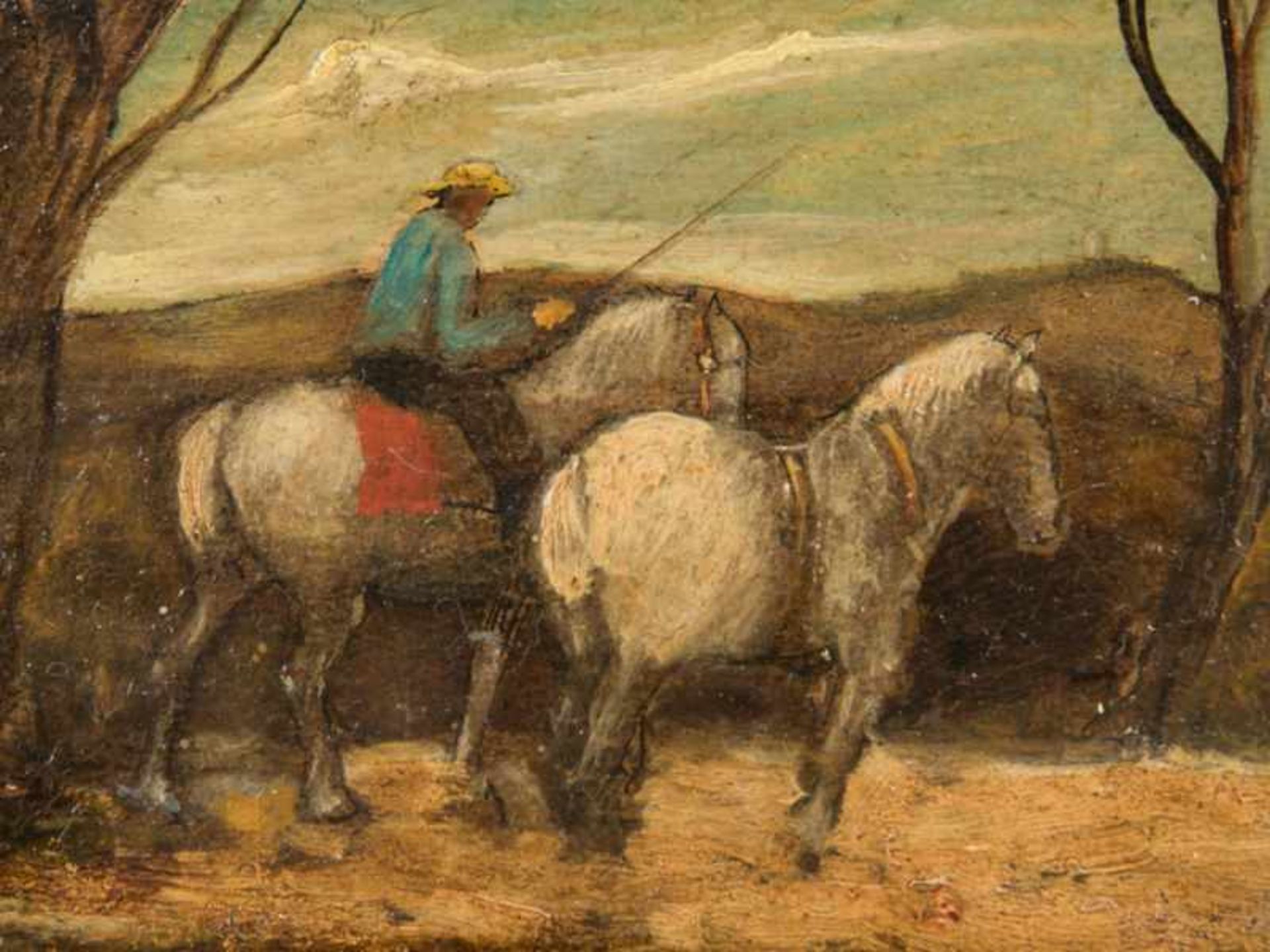 Dekorationsmaler, um 1900/20. Jh. Öl auf Holz (doubliert auf Holzplatte), "2 Pferde mit Reiter in - Image 2 of 4