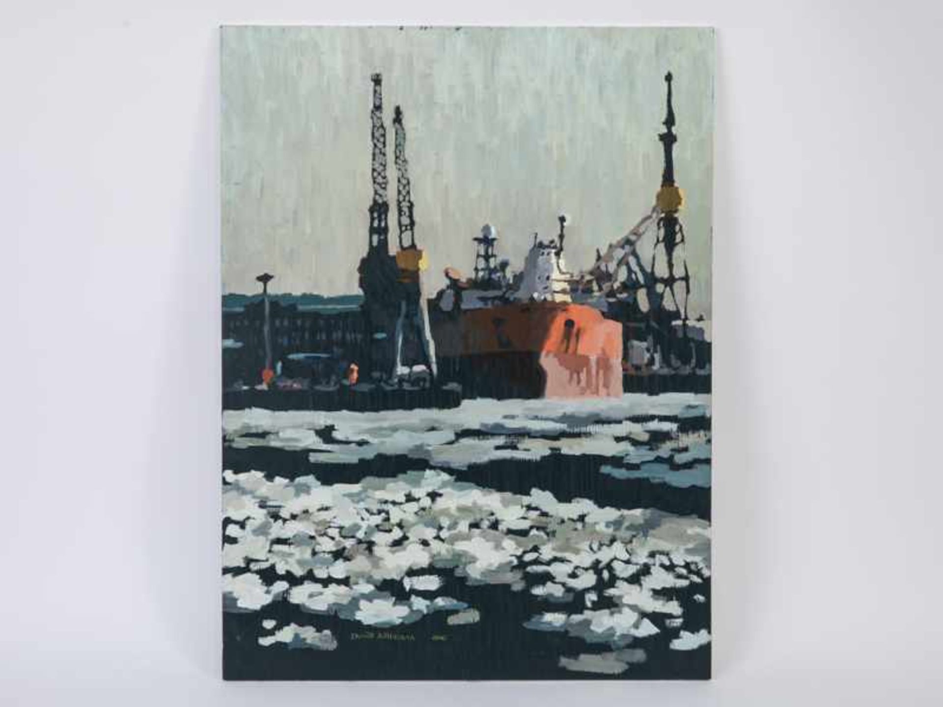 Köllmann, David (* 1976). Öl auf Holz, "Winterlicher Hamburger Hafen", 2016; im von mit - Bild 6 aus 6