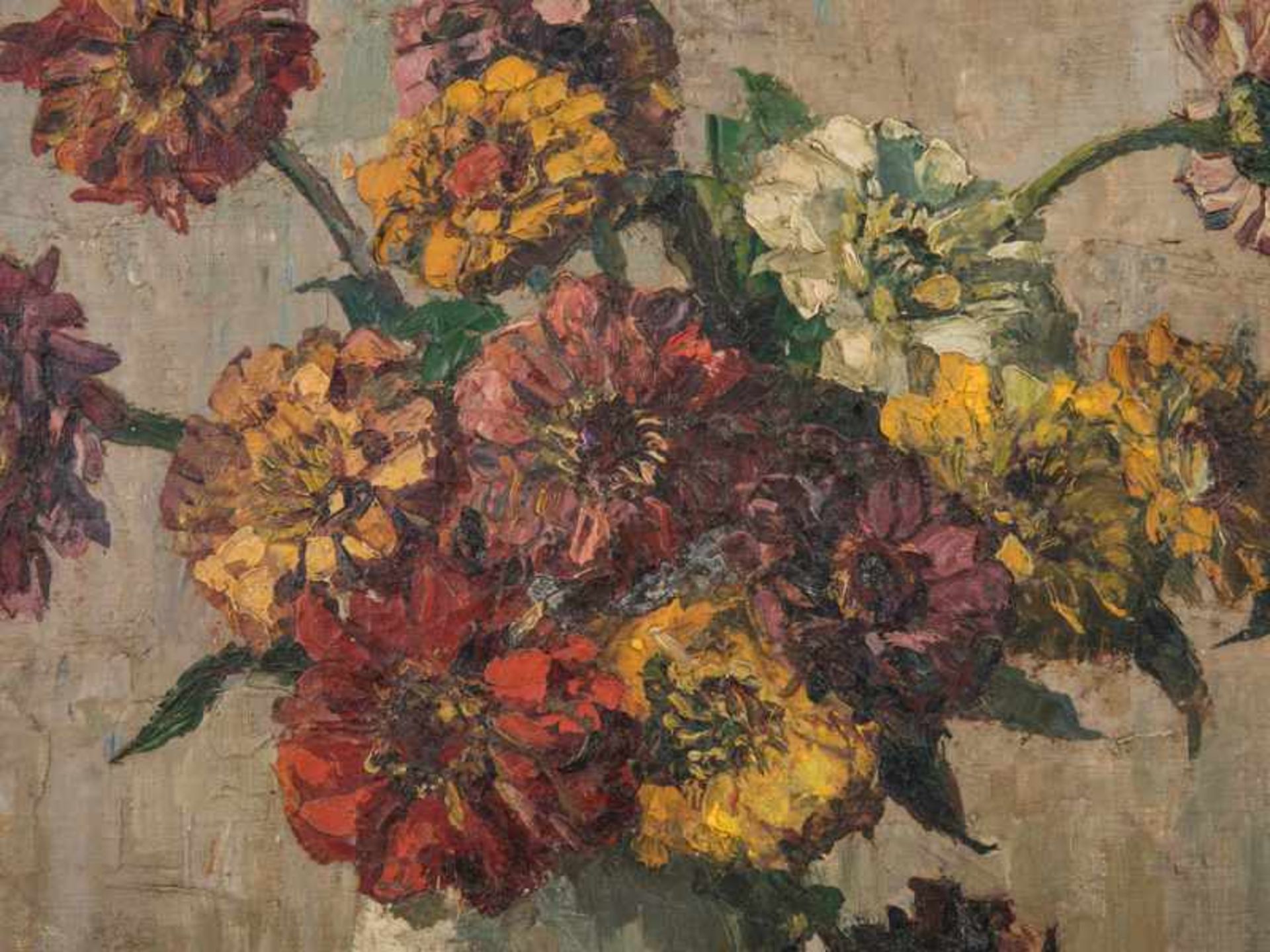 Ruths, Amelie (1871 - 1956). Öl auf Leinwand, "Zinnien", 1924 (27?); Stillebenkomposition mit - Image 2 of 6