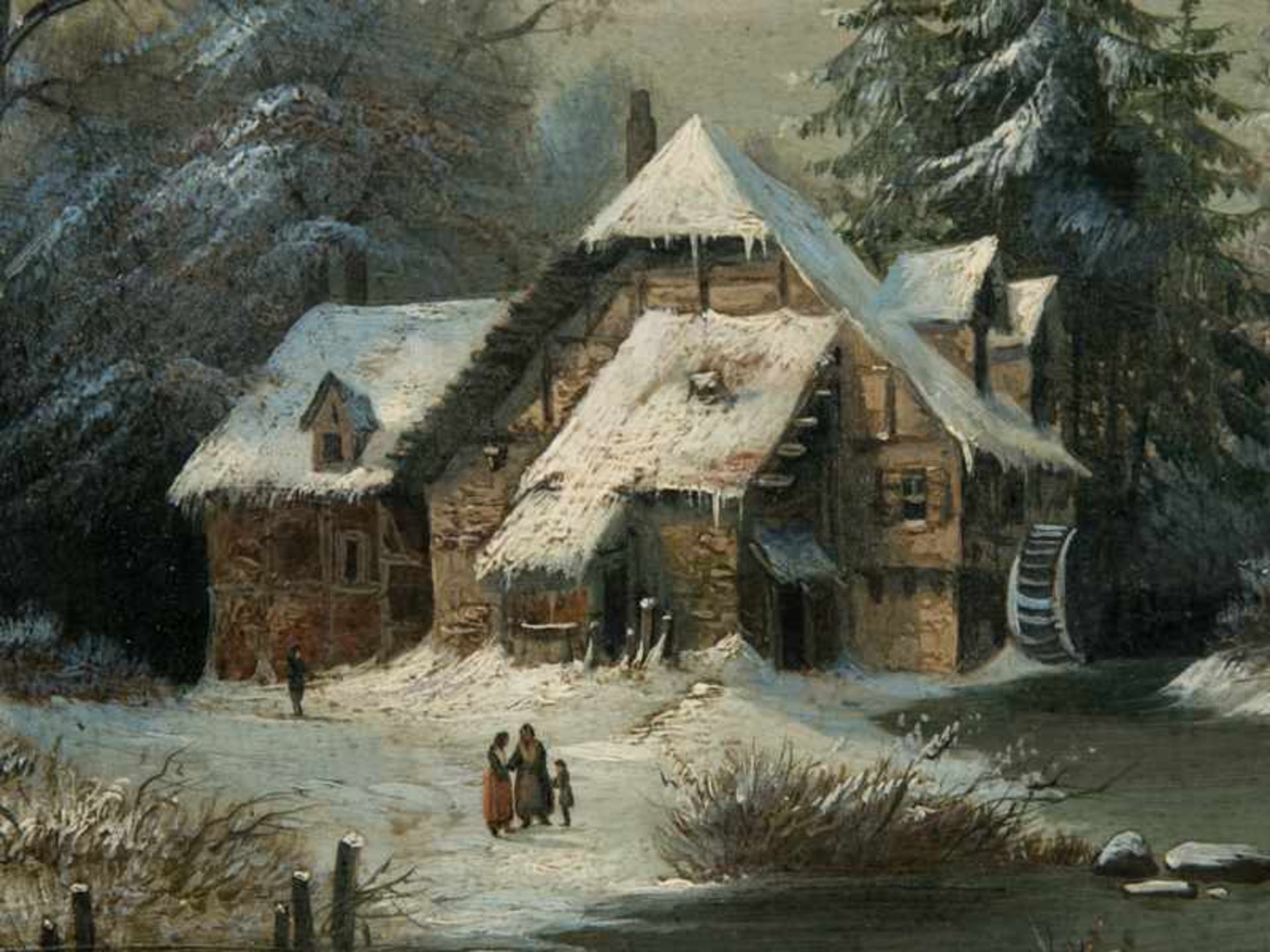 Schmidt, Eduard (1806 - 1862). Öl auf Holz, "Winterlicher Bachlauf mit Wassermühle, - Bild 6 aus 7