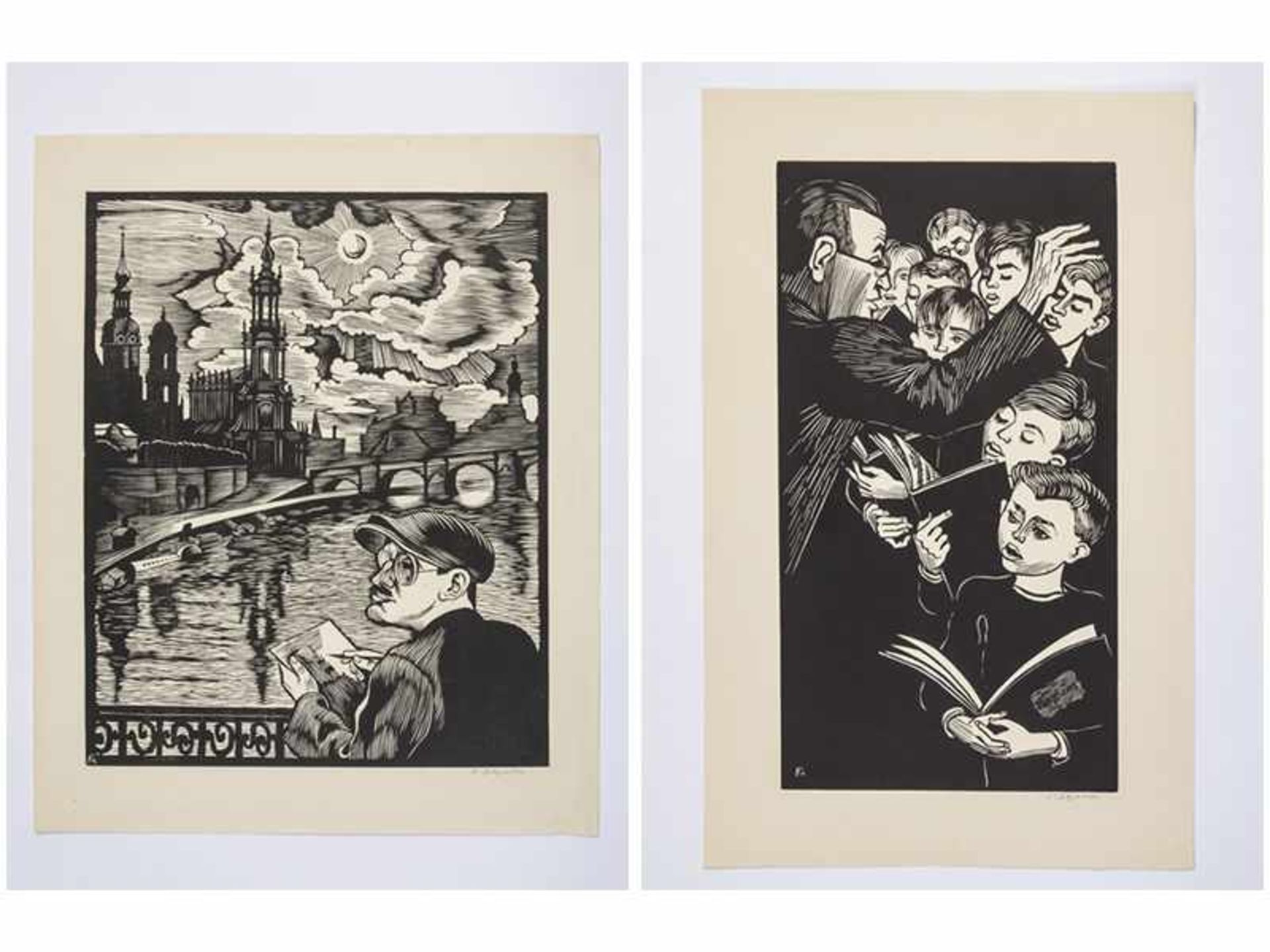 Felixmüller, Conrad (1897 - 1977). 2 Holzschnitte, 1) "Selbst vor Dresden", 1930; 2) "Knabenchor,