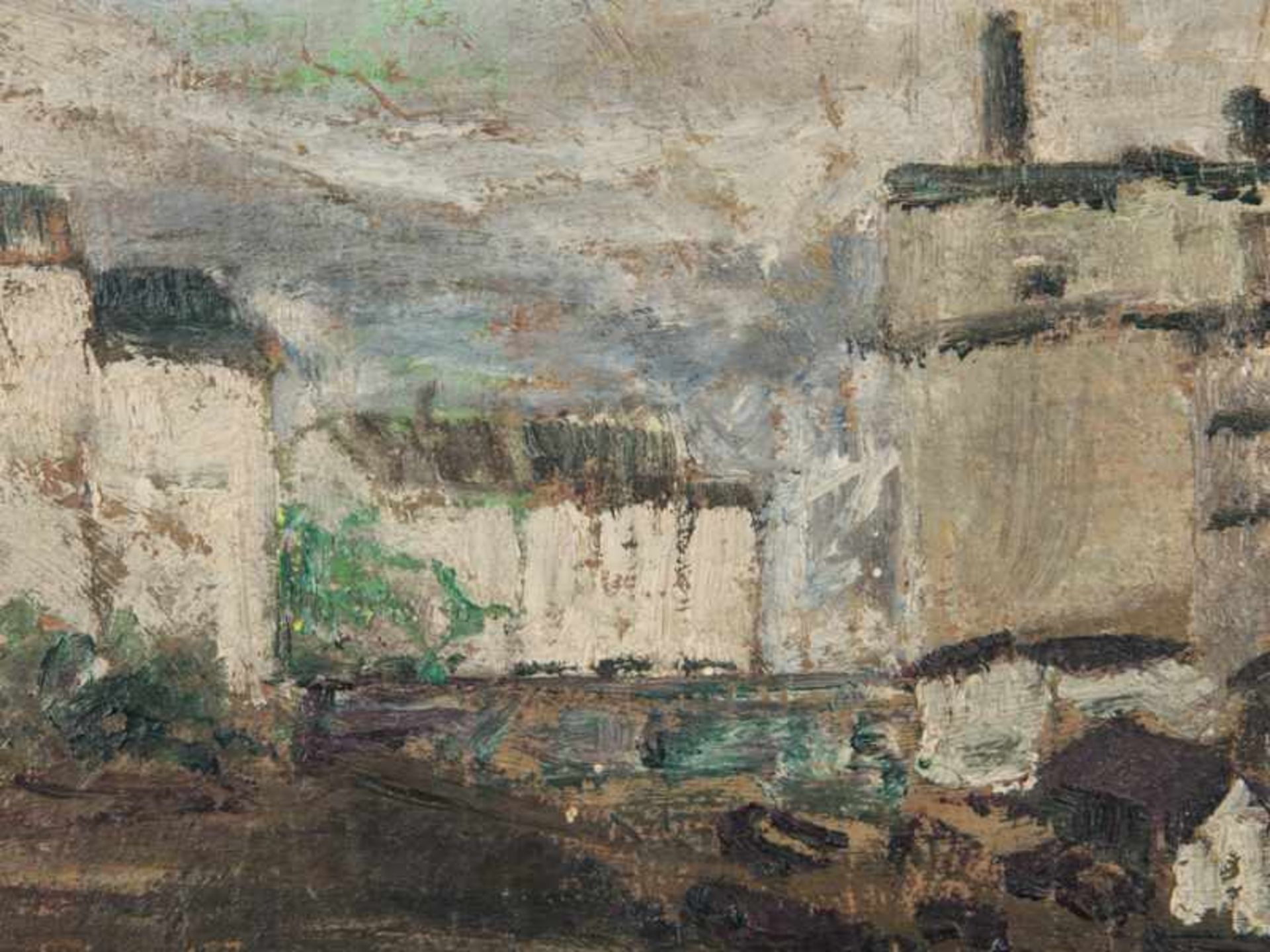 Heinsohn, Alfred (1875 - 1927). Öl auf Malpappe, "Stadtlandschaft mit weißen und grauen Häusern - Image 2 of 4