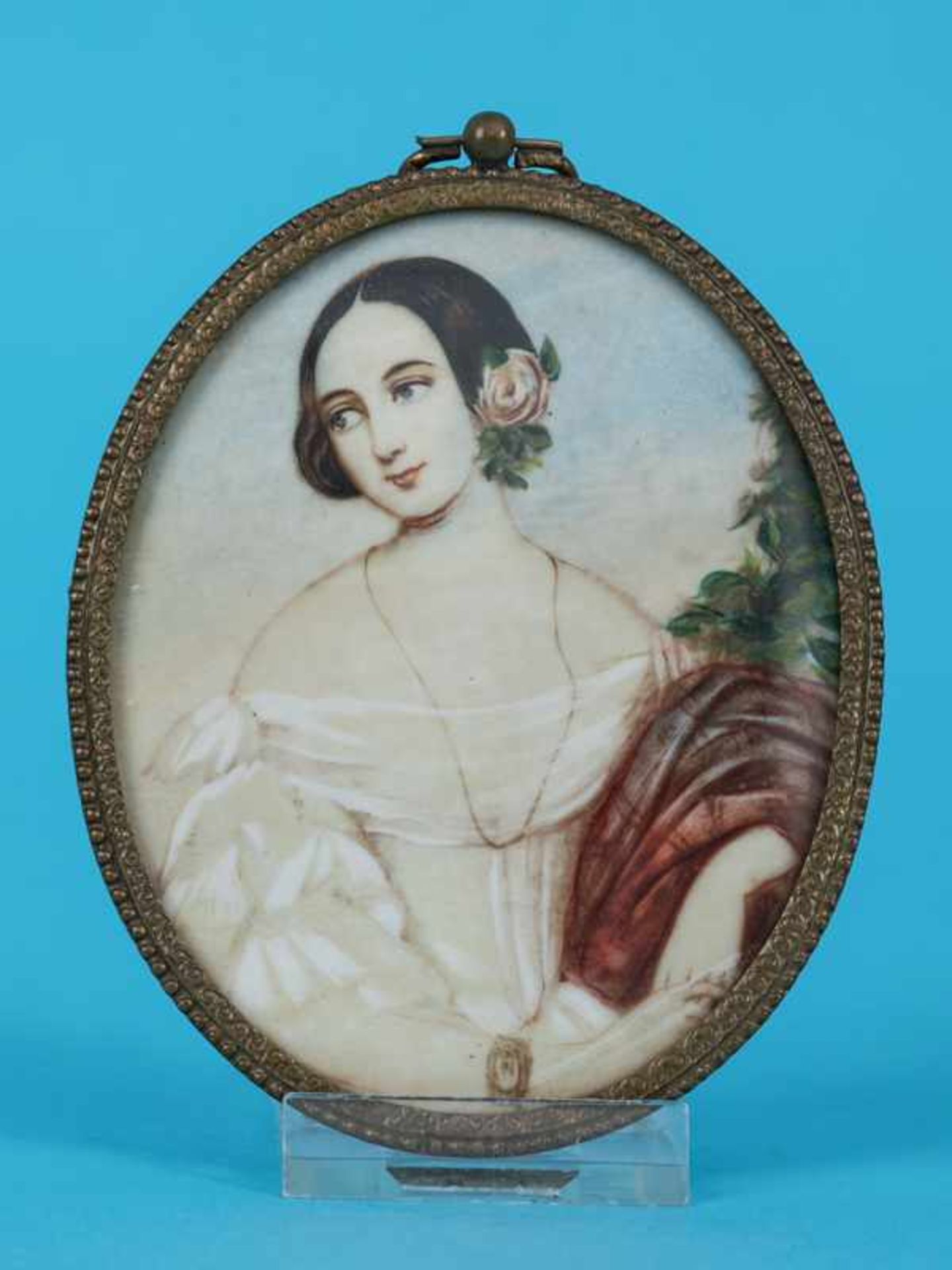 Biedermeier-Damenportrait-Miniatur, 1. Hälfte 19. Jh. Tempera/Gouache auf Elfenbein, Portrait