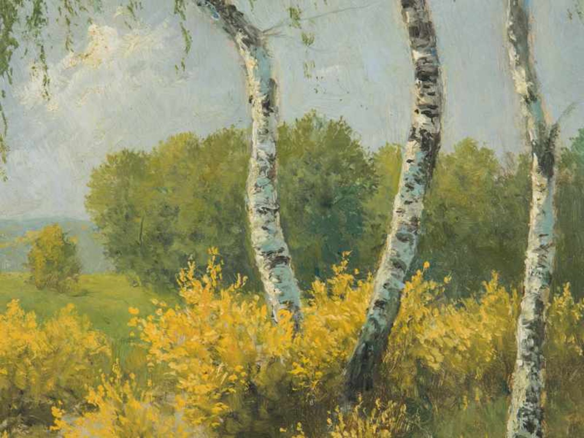 Gundlach, Henry (1884 - 1965). Öl auf Hartfaser, "Frühlingslandschaft mit 3 Birken", hügelige, in - Bild 2 aus 4