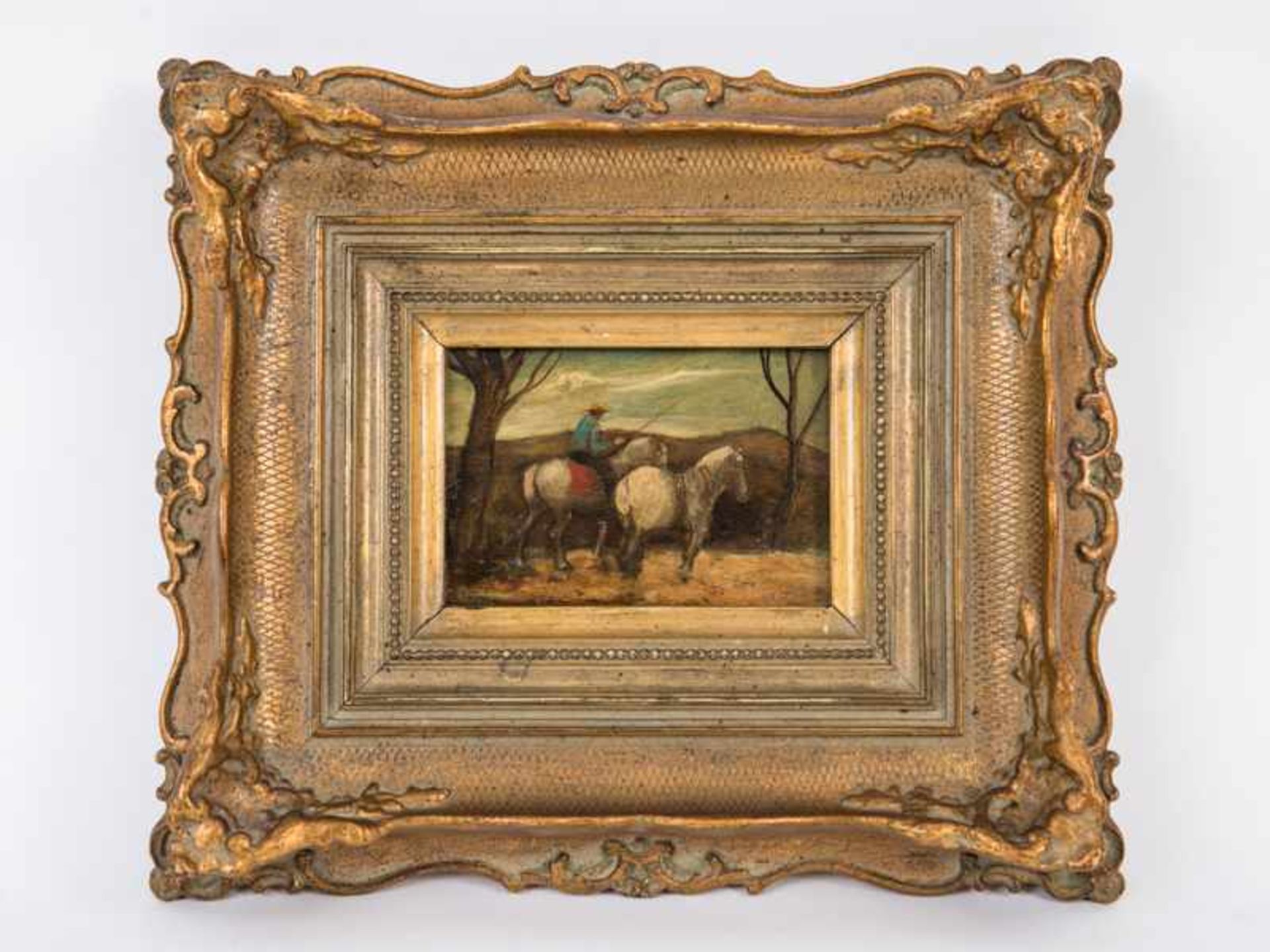 Dekorationsmaler, um 1900/20. Jh. Öl auf Holz (doubliert auf Holzplatte), "2 Pferde mit Reiter in