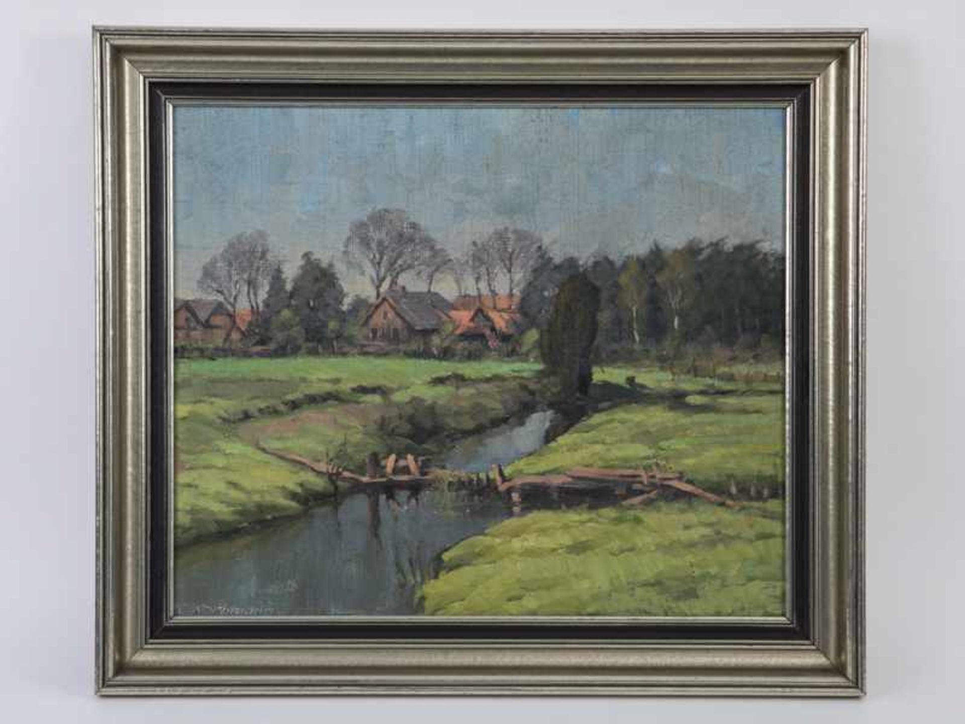 Korbmann, Carl (1894 - 1958) zugeschrieben. Öl auf Leinwand, "Wiesenaue mit Bachlauf, im Hintergrund